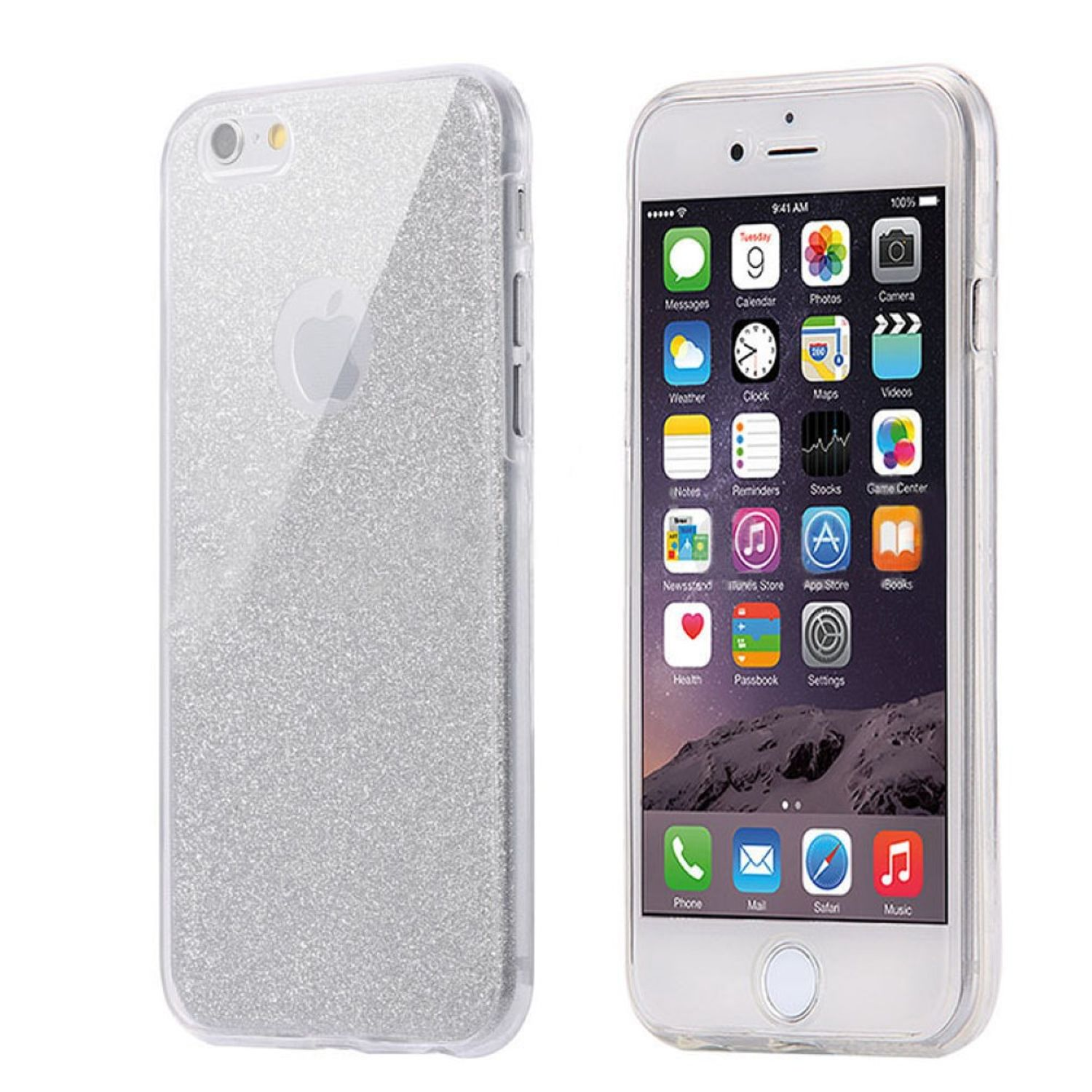 Klare Handyhülle mit Glitzer. iPhone rechts. Silberner Glitzer auf der Hülle. Apple-Logo sichtbar.