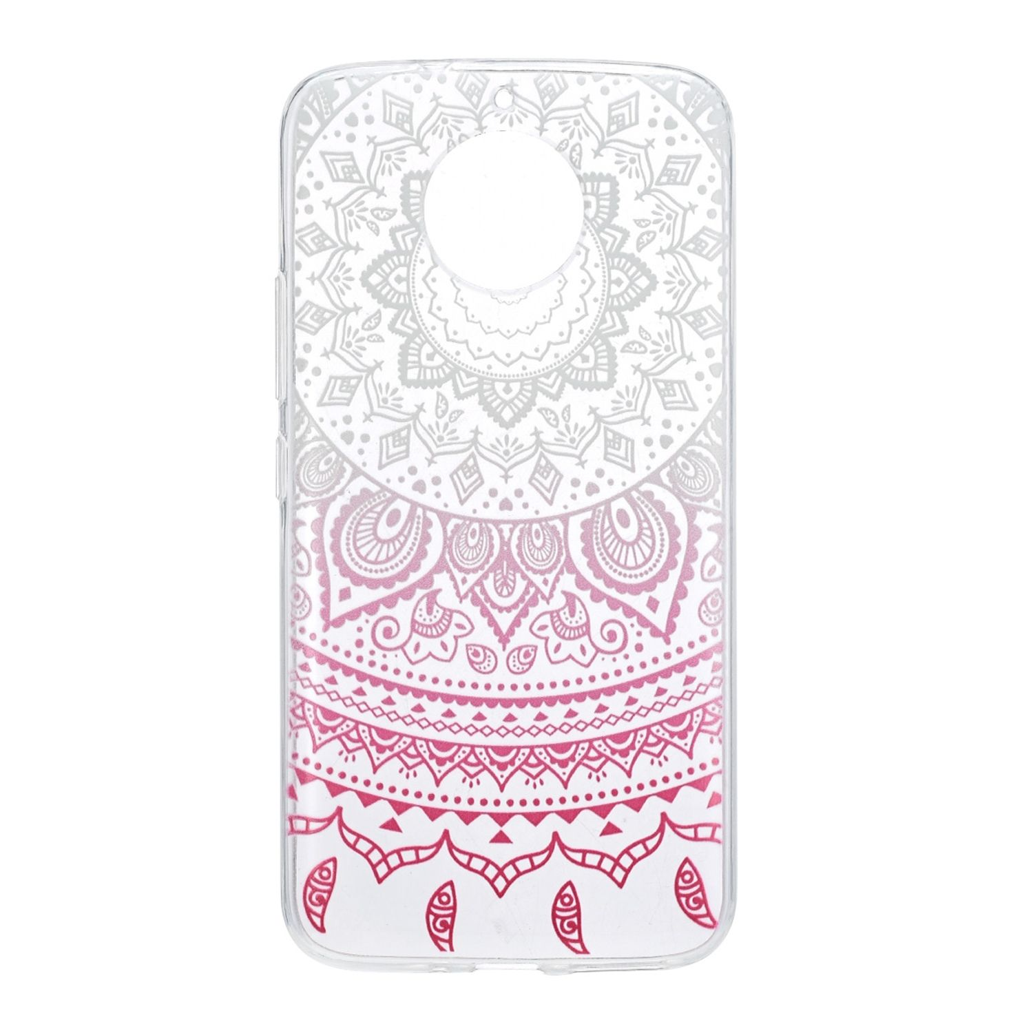 Transparente Handyhülle mit pinkfarbenem Mandala-Design auf weißem Grund.