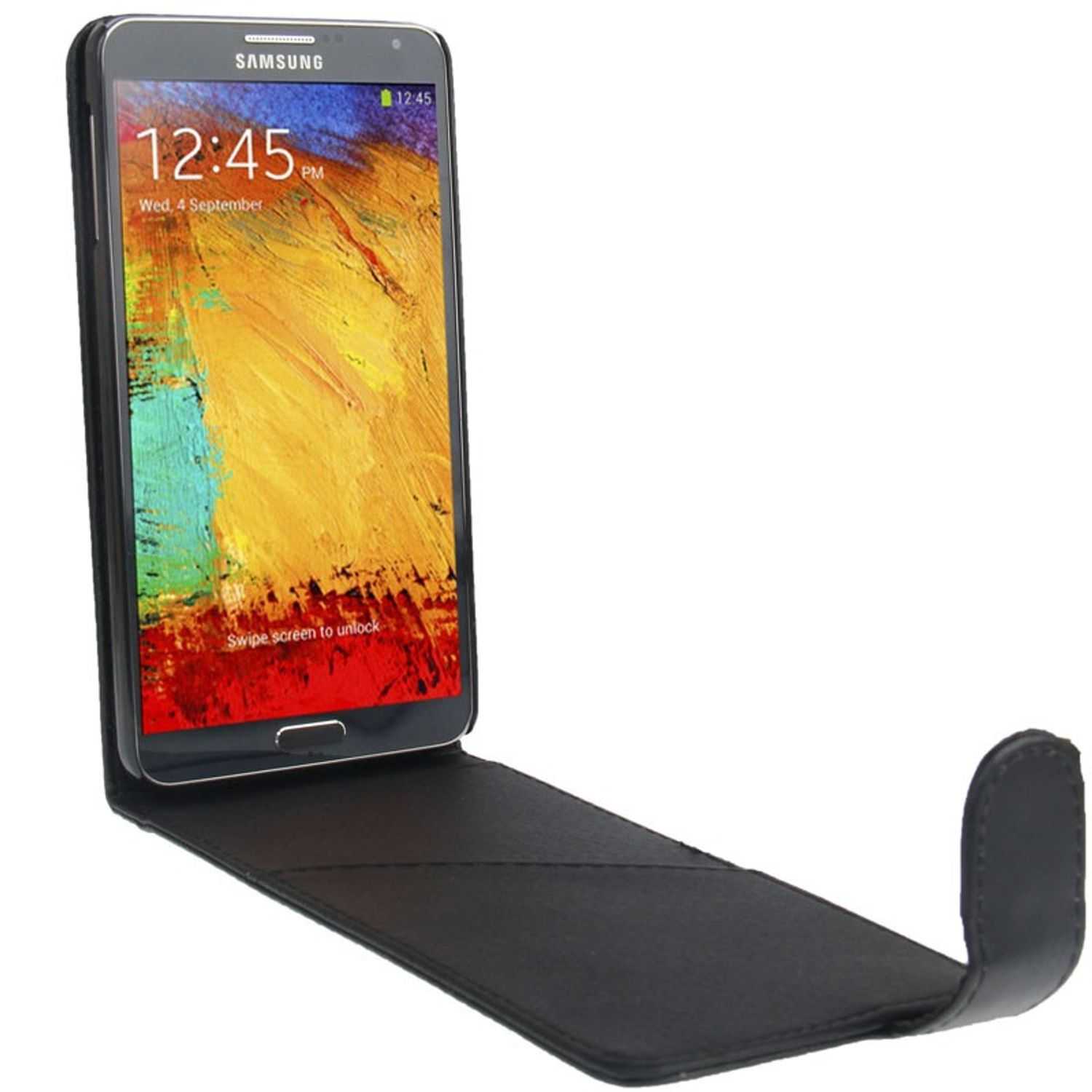 Schwarze Handyhülle mit Telefon und sichtbarem Bildschirm. Das Telefon zeigt die Uhrzeit.