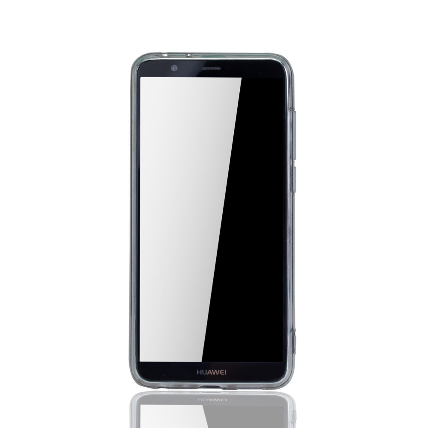 Ein Telefon mit einer durchsichtigen Hülle. Der Bildschirm ist weiß. Huawei steht unten.