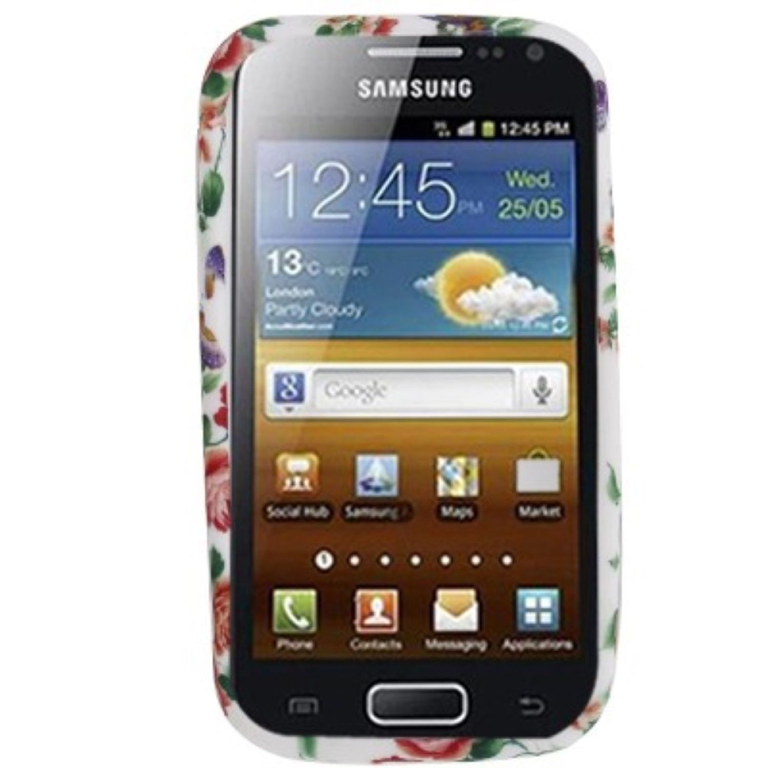 Ein Samsung-Telefon mit floraler Hülle, das Uhrzeit, Wetter und Apps auf dem Bildschirm anzeigt.