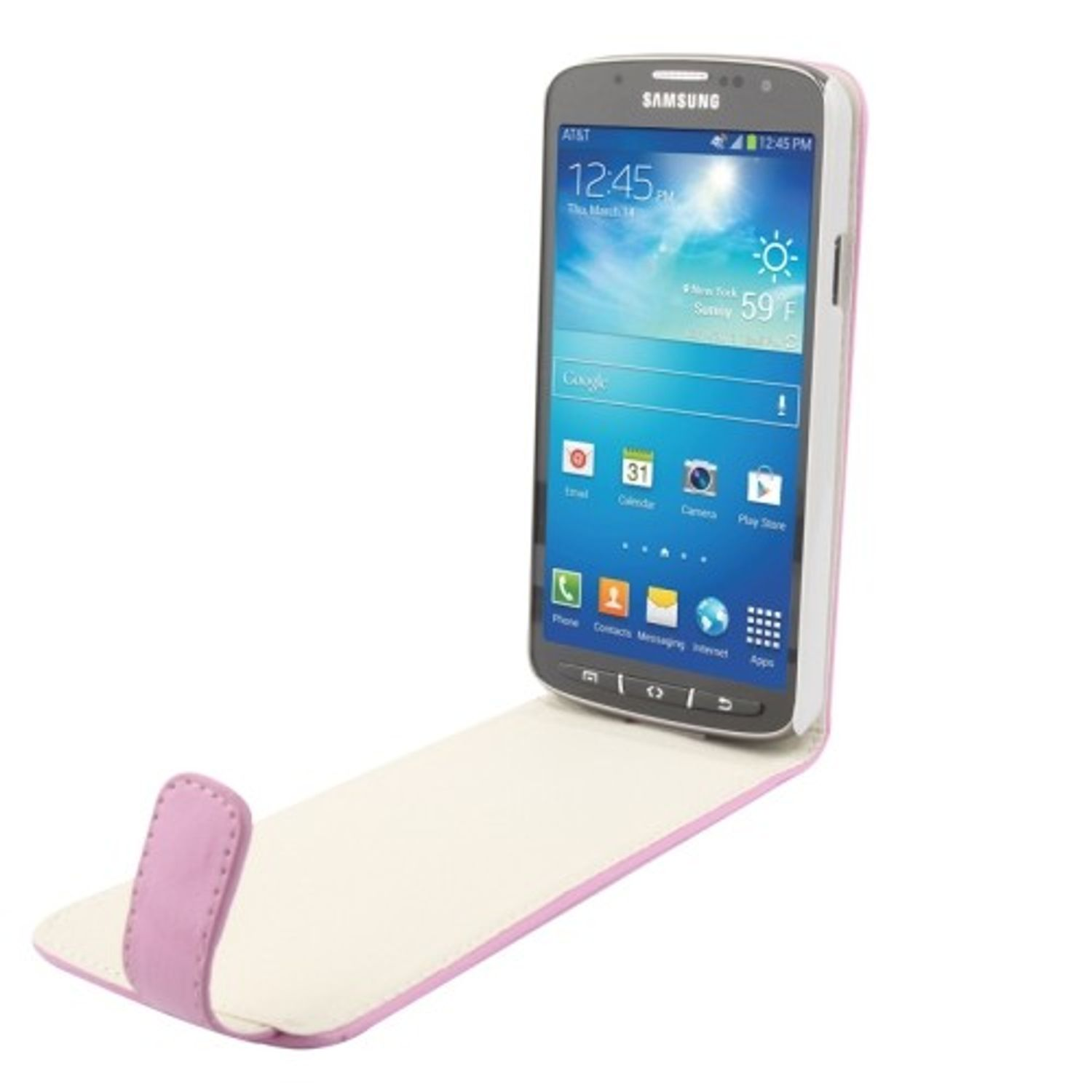 Eine weiße und rosa Handyhülle mit einem Telefon darin, das den Bildschirm zeigt.