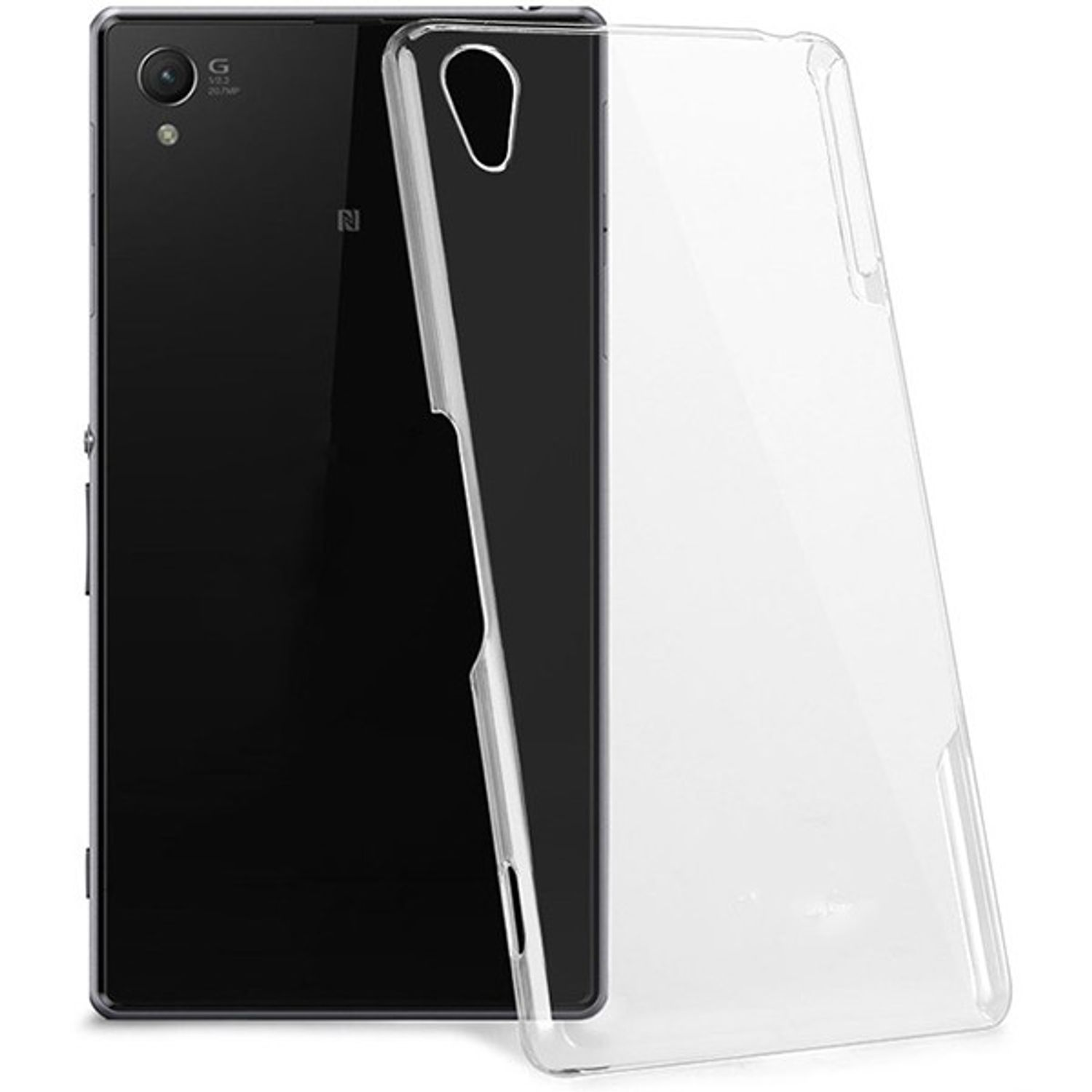 Schwarzes Telefon und transparente Handyhülle. Das Telefon ist links und die Hülle rechts.