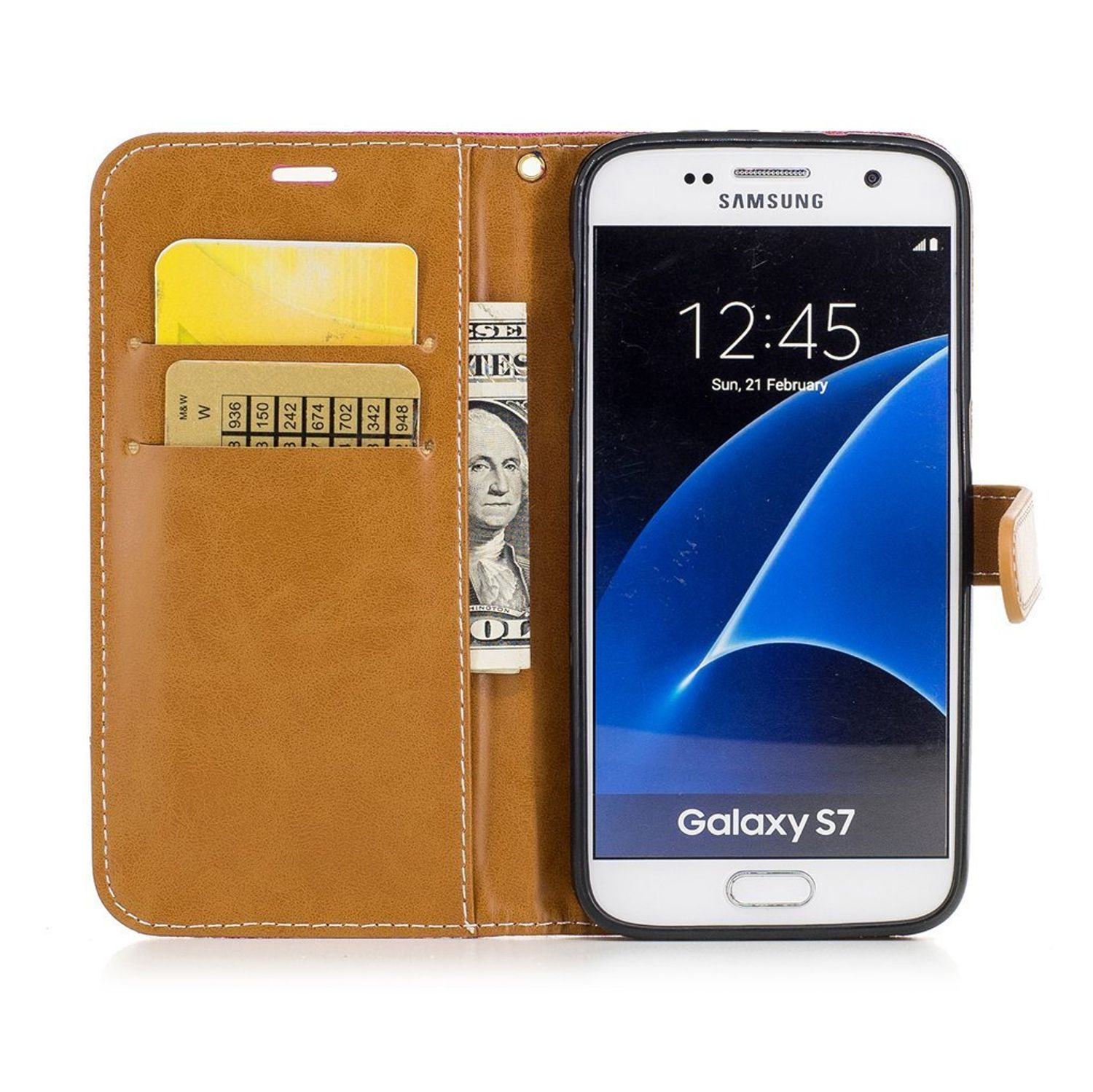 Samsung-Telefon mit geöffneter Leder-Brieftasche, Karten und einen Dollarschein zeigend.
