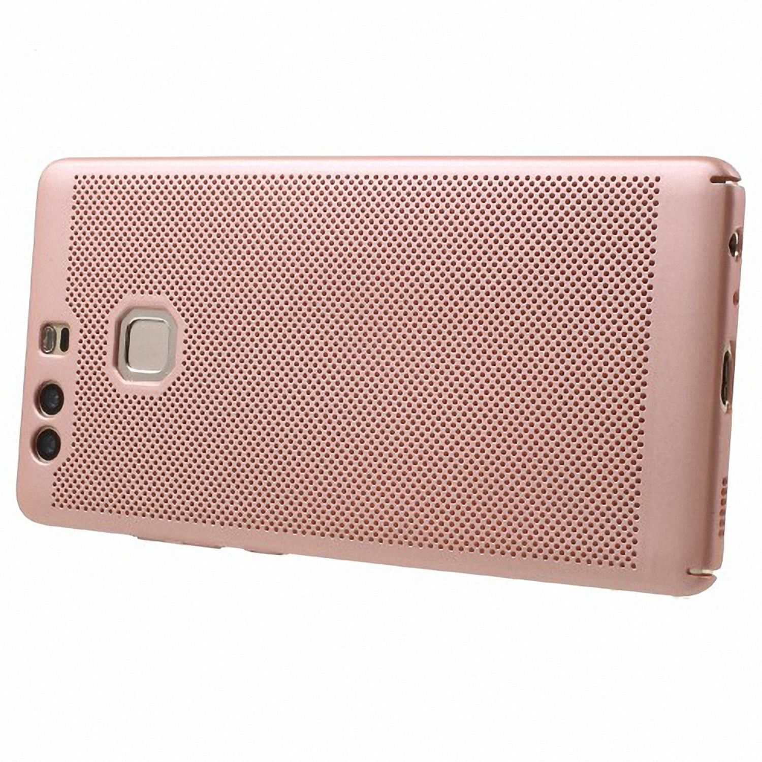 Roségoldene Handyhülle mit perforierter Rückseite. Zwei Kameras, Fingerabdrucksensor und Anschlüsse sichtbar.