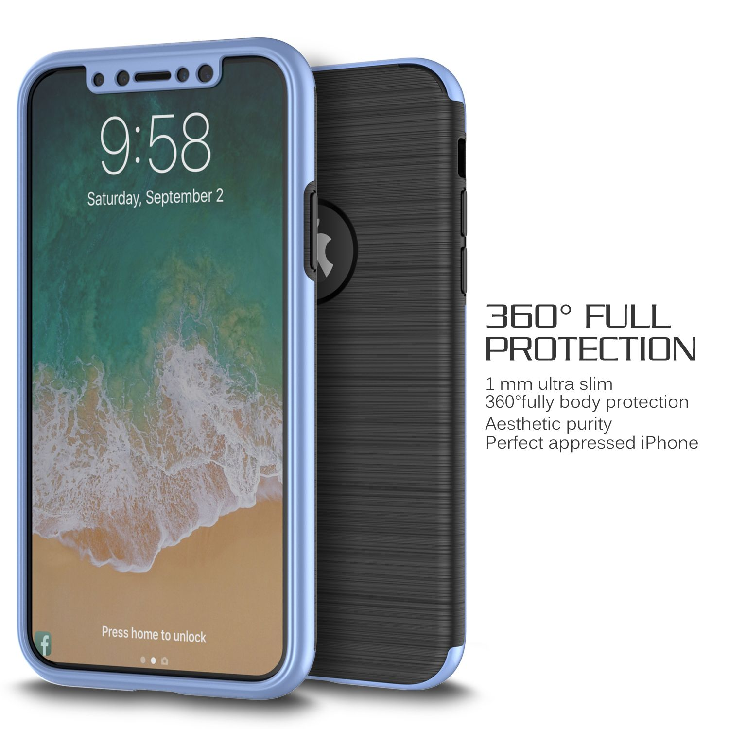 Ein iPhone in einer blau-schwarzen Hülle. Der Bildschirm zeigt Uhrzeit und Datum an. Text rechts: 360° VOLLSCHUTZ.