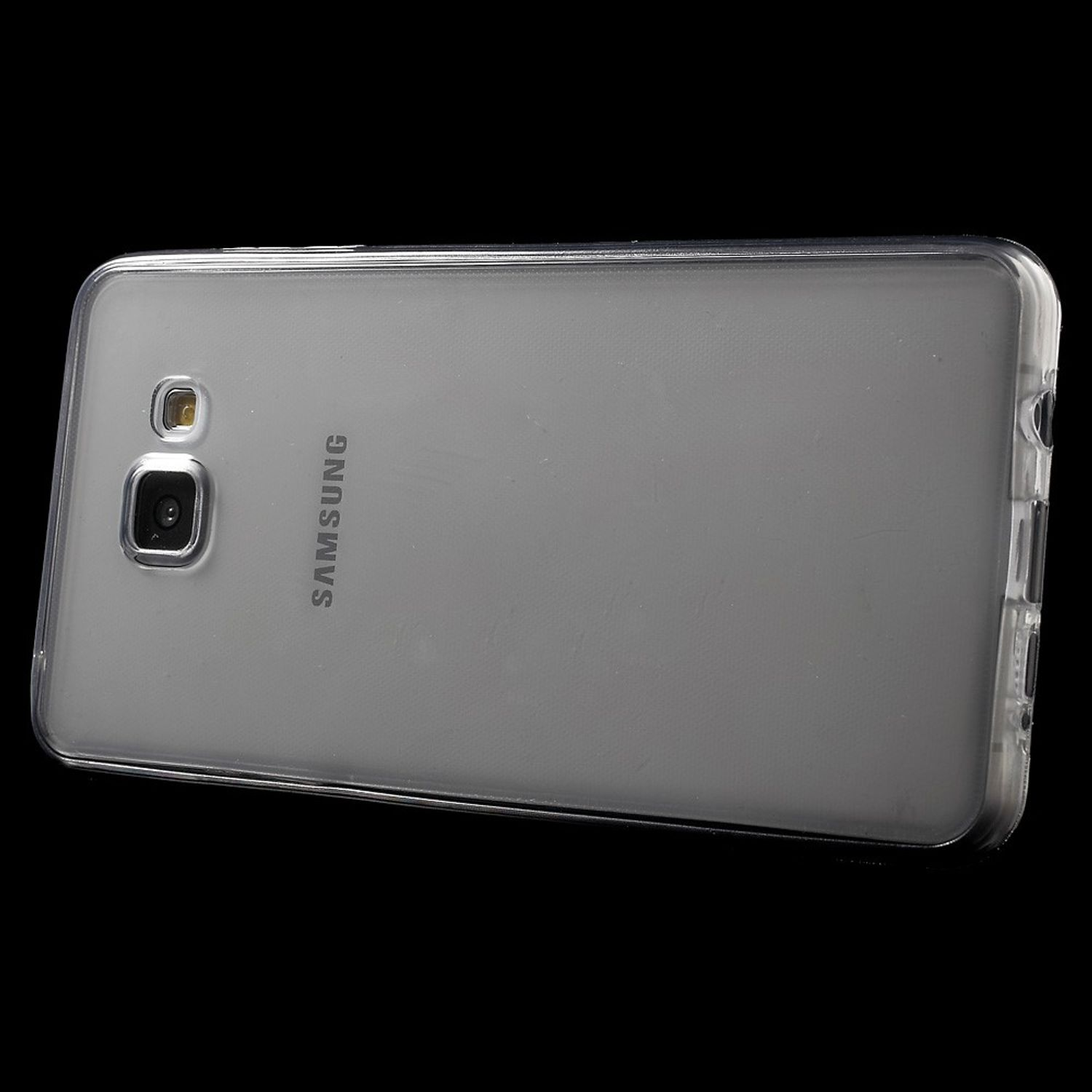 Eine transparente Handyhülle auf schwarzem Hintergrund. Das Wort Samsung ist sichtbar.