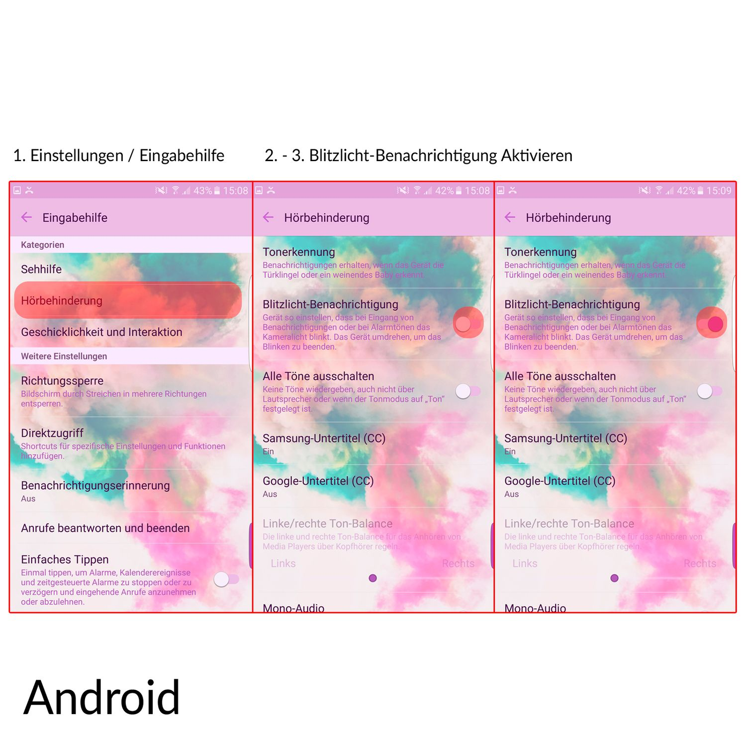 Screenshot eines Android-Telefoneinstellungsmenüs. Der Bildschirm zeigt Optionen zum Hören.