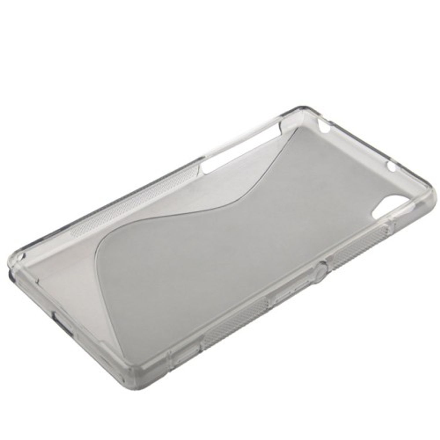 Eine transparente Handyhülle mit geschwungenem Design, leicht angewinkelt.