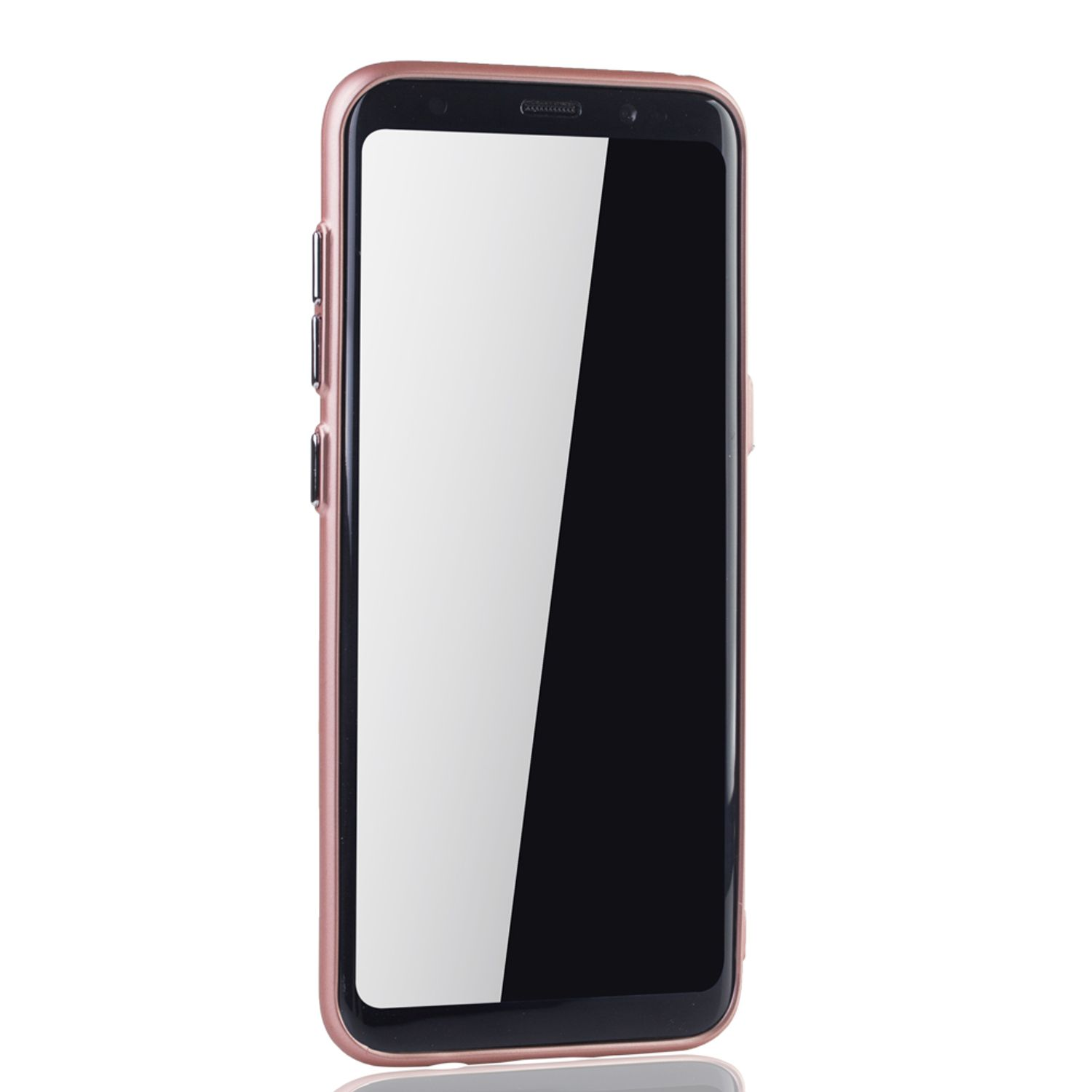 Roségoldenes Telefon mit schwarzem Bildschirm. Es ist auf weißem Hintergrund.