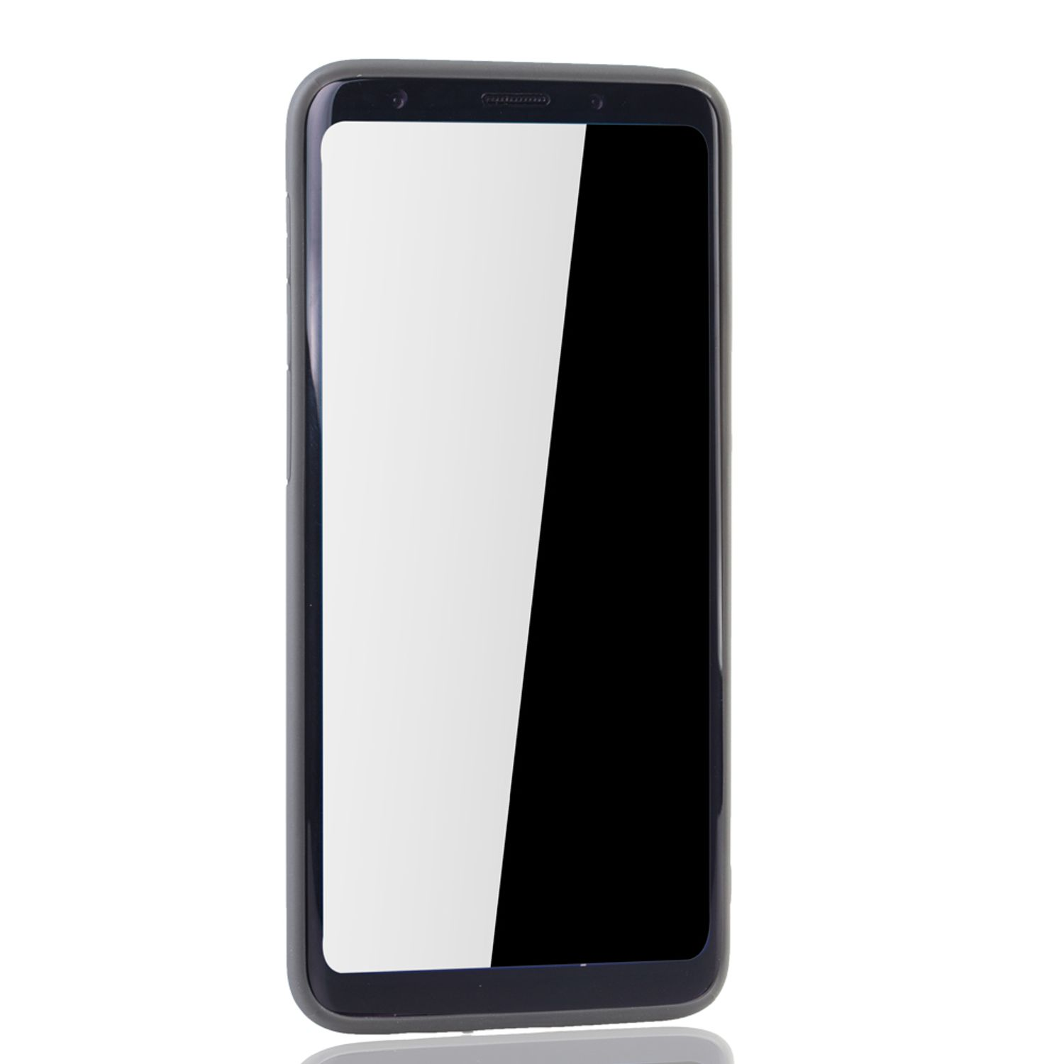 Schwarzes Telefon mit angebrachtem Displayschutz. Weißer Hintergrund, Telefon steht aufrecht.