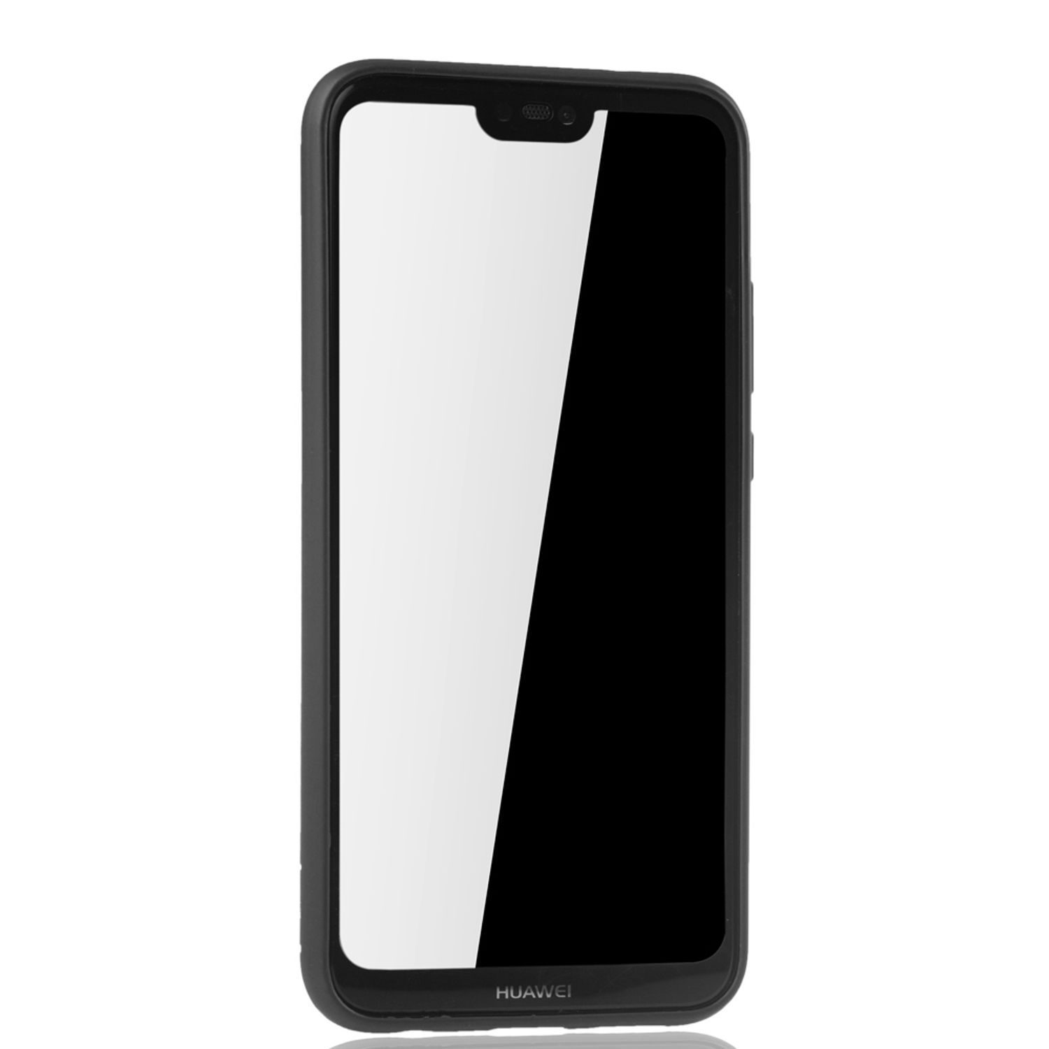 Ein schwarzes Telefon in einer schwarzen Hülle. Der Bildschirm ist sichtbar und zeigt einen weißen Bildschirm.