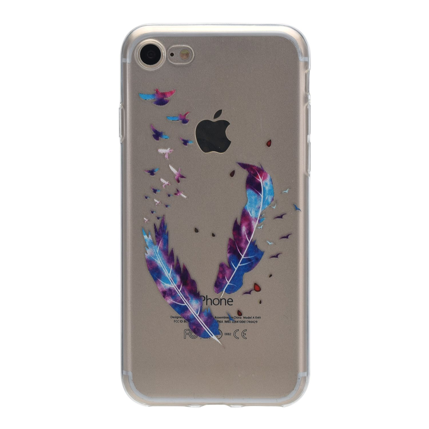 Transparente Handyhülle mit Federdesign und fliegenden Vögeln. Apple-Logo sichtbar. Weißer Hintergrund.
