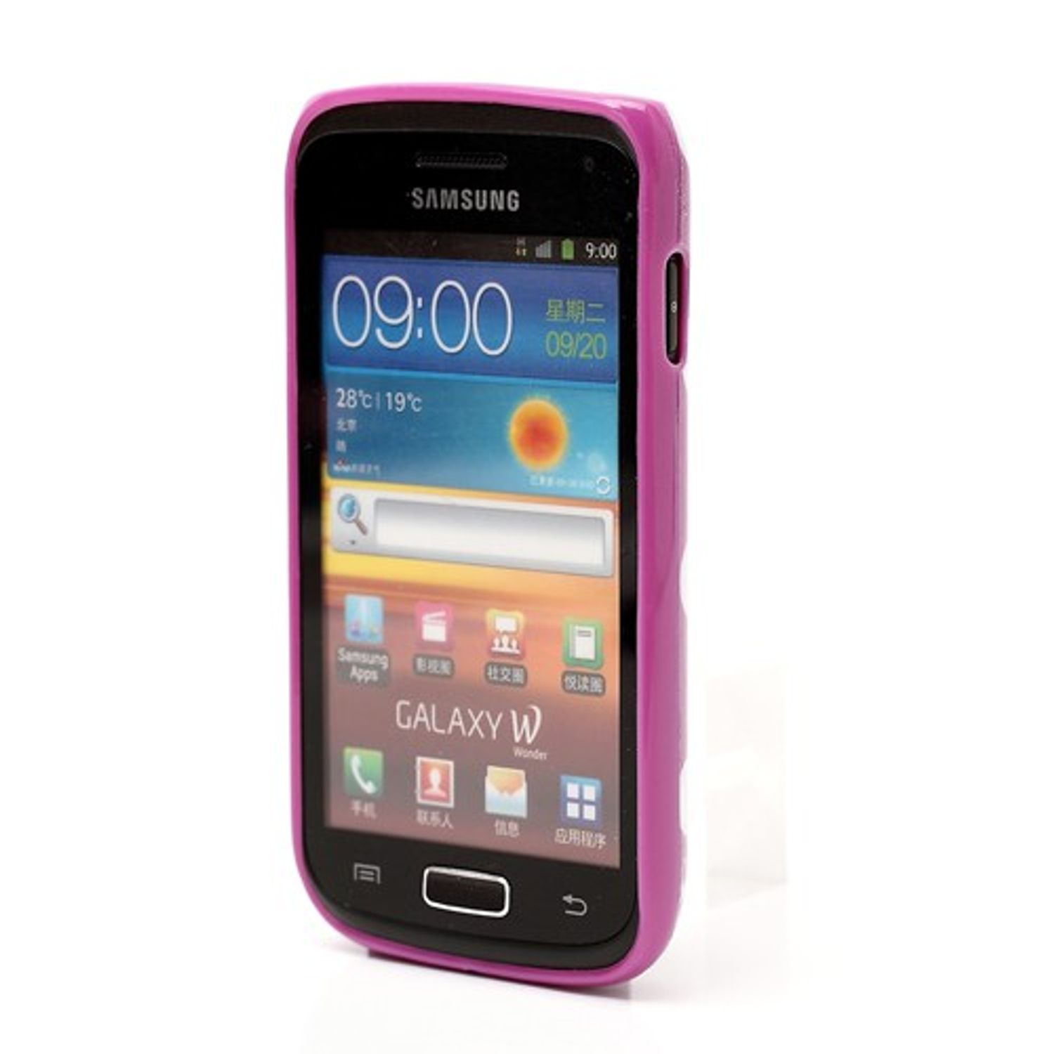 Samsung-Handy in pinker Hülle, Bildschirm zeigt Zeit und weitere Infos.