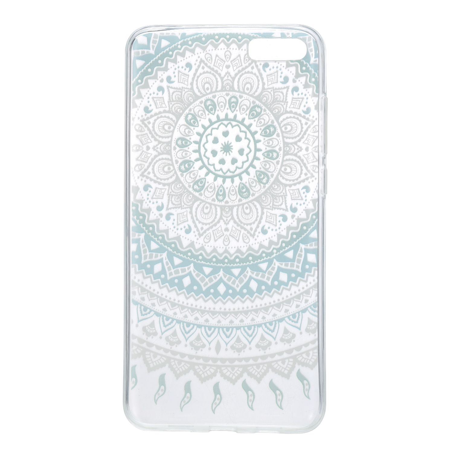 Transparente Handyhülle mit hellblauem und weißem Mandala-Design; weißer Hintergrund.