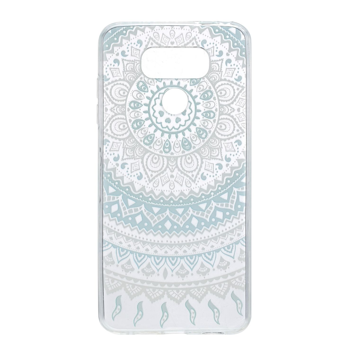 Eine Handyhülle mit weißem und hellblauem Mandala-Design. Die Hülle hat einen transparenten Hintergrund und ein detailliertes Muster.