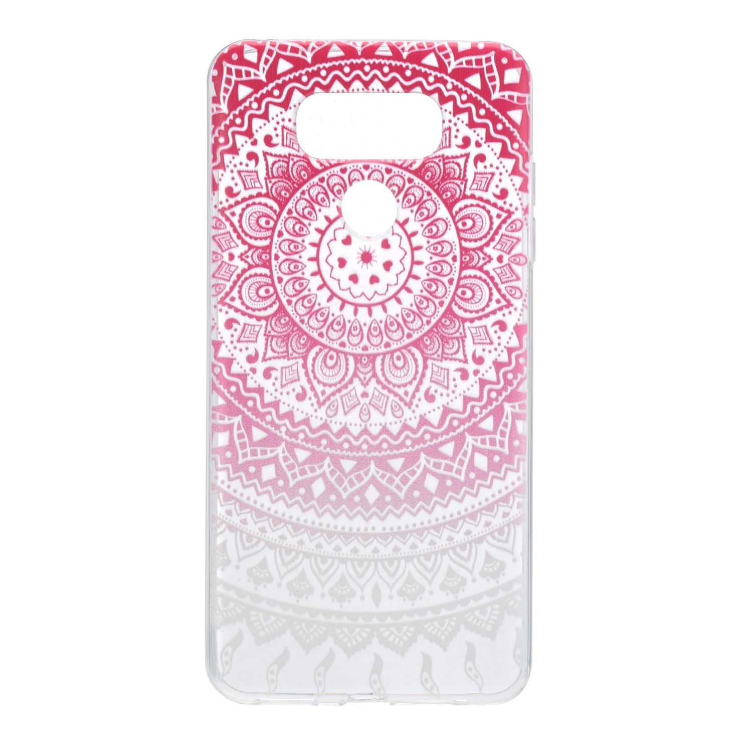Eine Handyhülle mit einem rosa Mandala-Design. Das Mandala verblasst von Rosa zu Weiß.