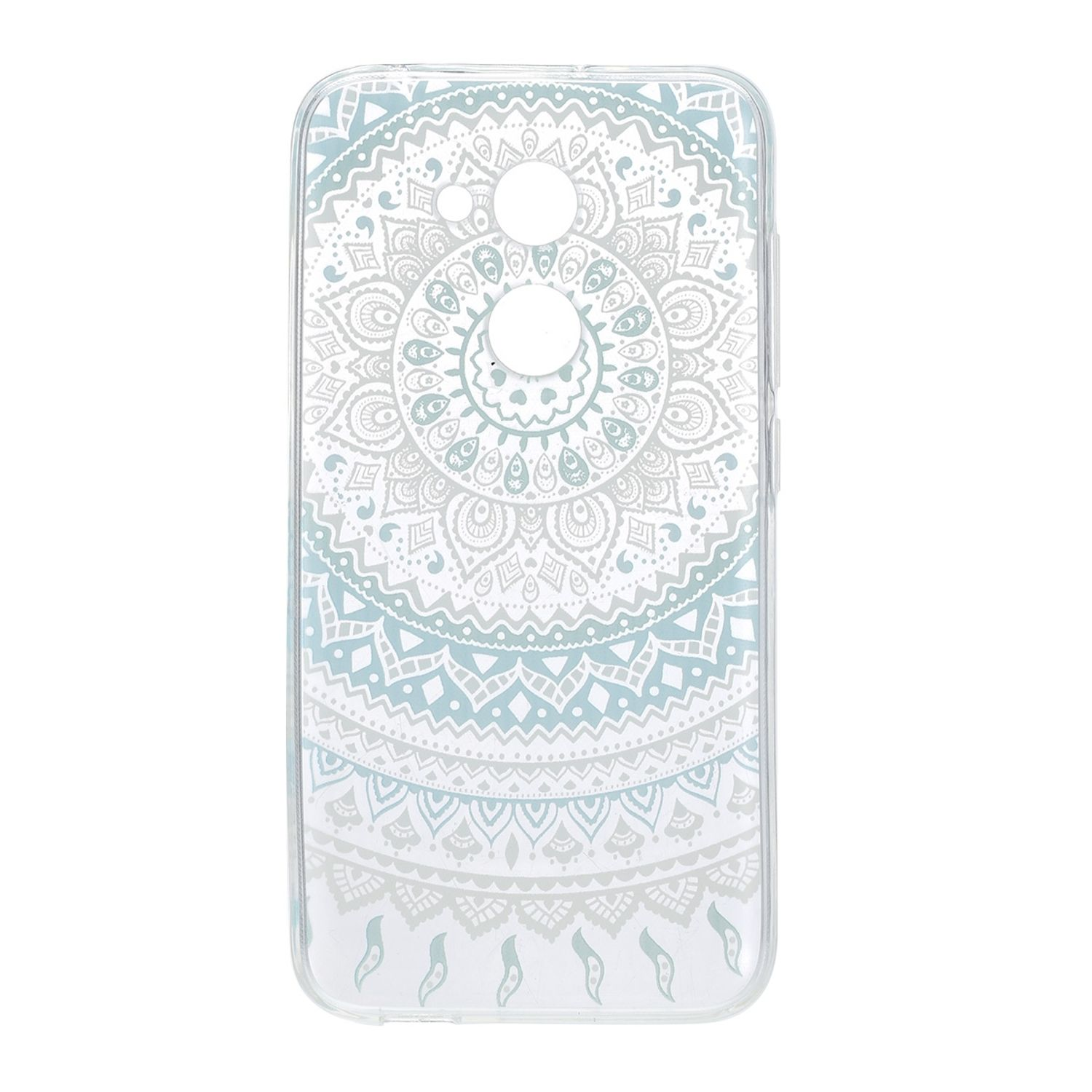 Transparente Handyhülle mit Mandala-Muster auf weißer Oberfläche.