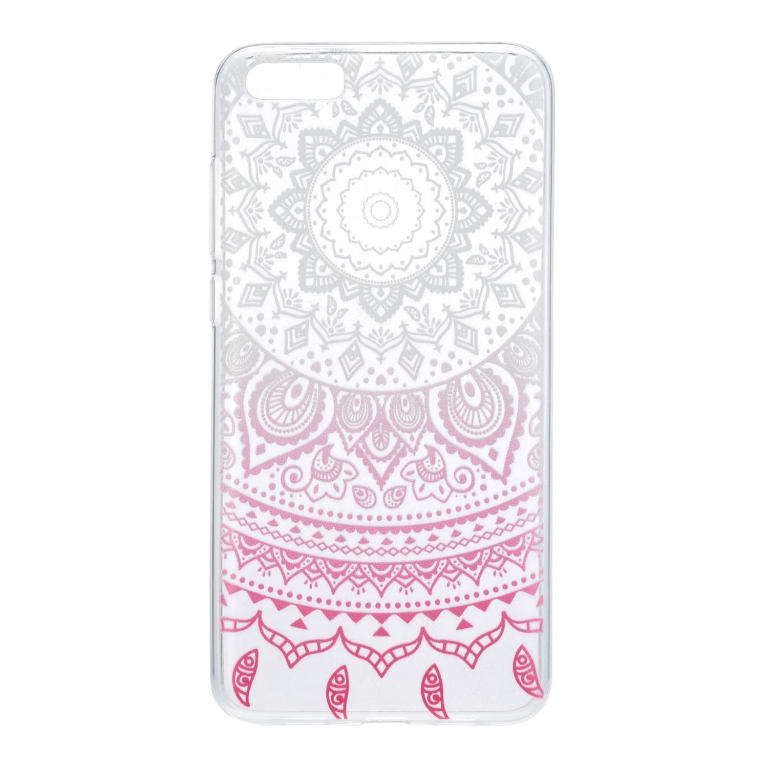 Handyhülle mit Mandala-Design in rosa und weißen Farbverläufen auf weißem Hintergrund.