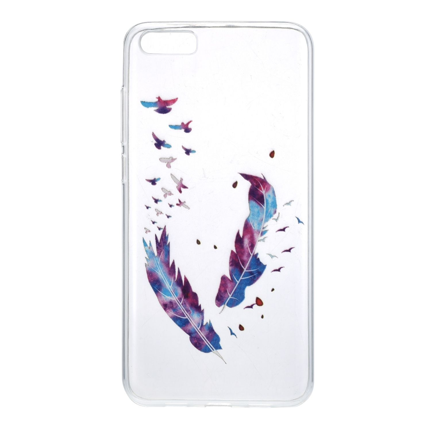 Transparente Handyhülle mit Federdesign und fliegenden Vögeln. Weißer Hintergrund.