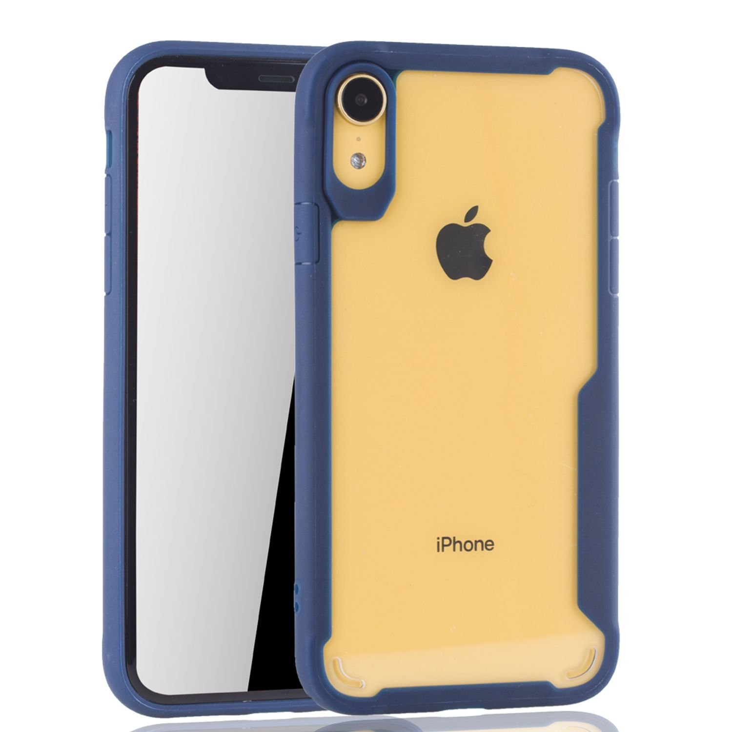 iPhone in einer blau-gelben Hülle. Der Bildschirm ist weiß.