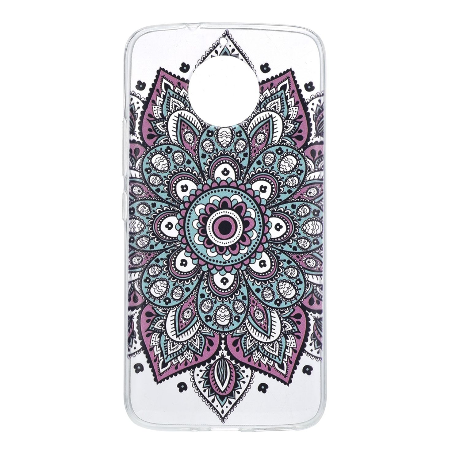 Transparente Handyhülle mit Mandala-Design. Rosa, lila und blaue Farben auf weißem Hintergrund.