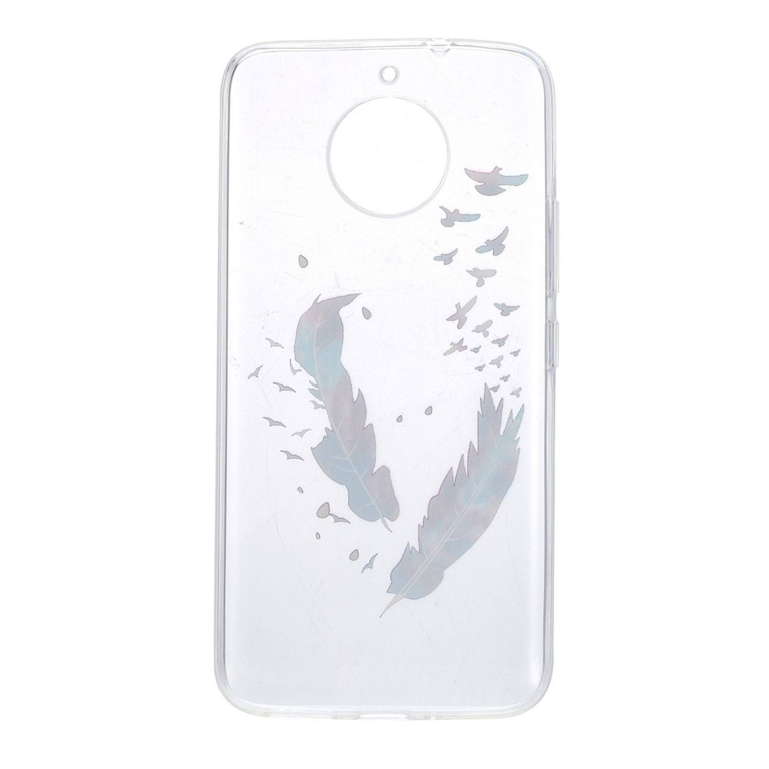 Transparente Handyhülle mit Feder- und Vogeldesign, weißer Hintergrund.