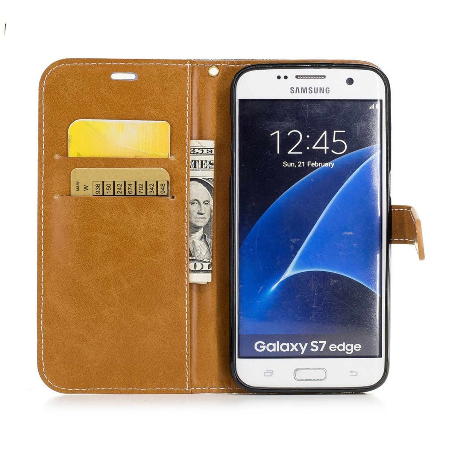Eine braune Leder-Handyhülle mit einem Samsung-Telefon. Im Inneren der Hülle befinden sich Kartenfächer und Bargeld.
