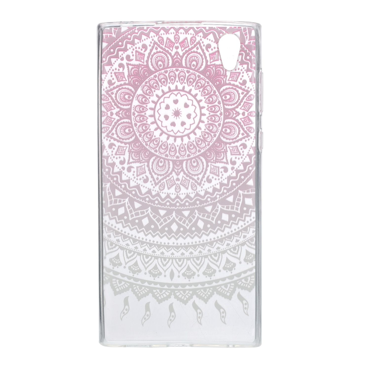 Handyhülle mit Mandala-Design. Rosa und weiße Farben. Transparente Hülle. Weißer Hintergrund.