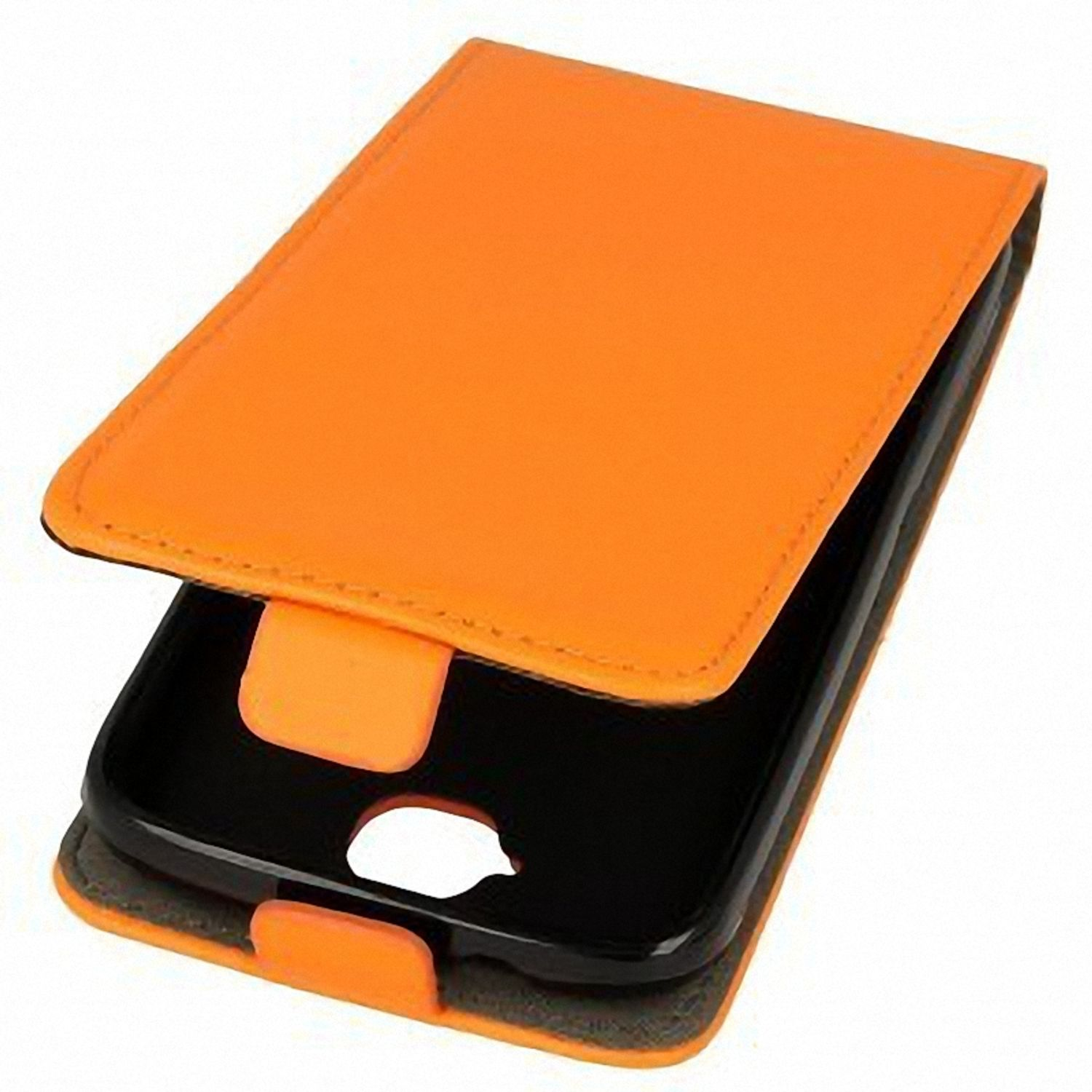 Offene orange Handyhülle mit schwarzem Telefon, auf weißem Hintergrund.