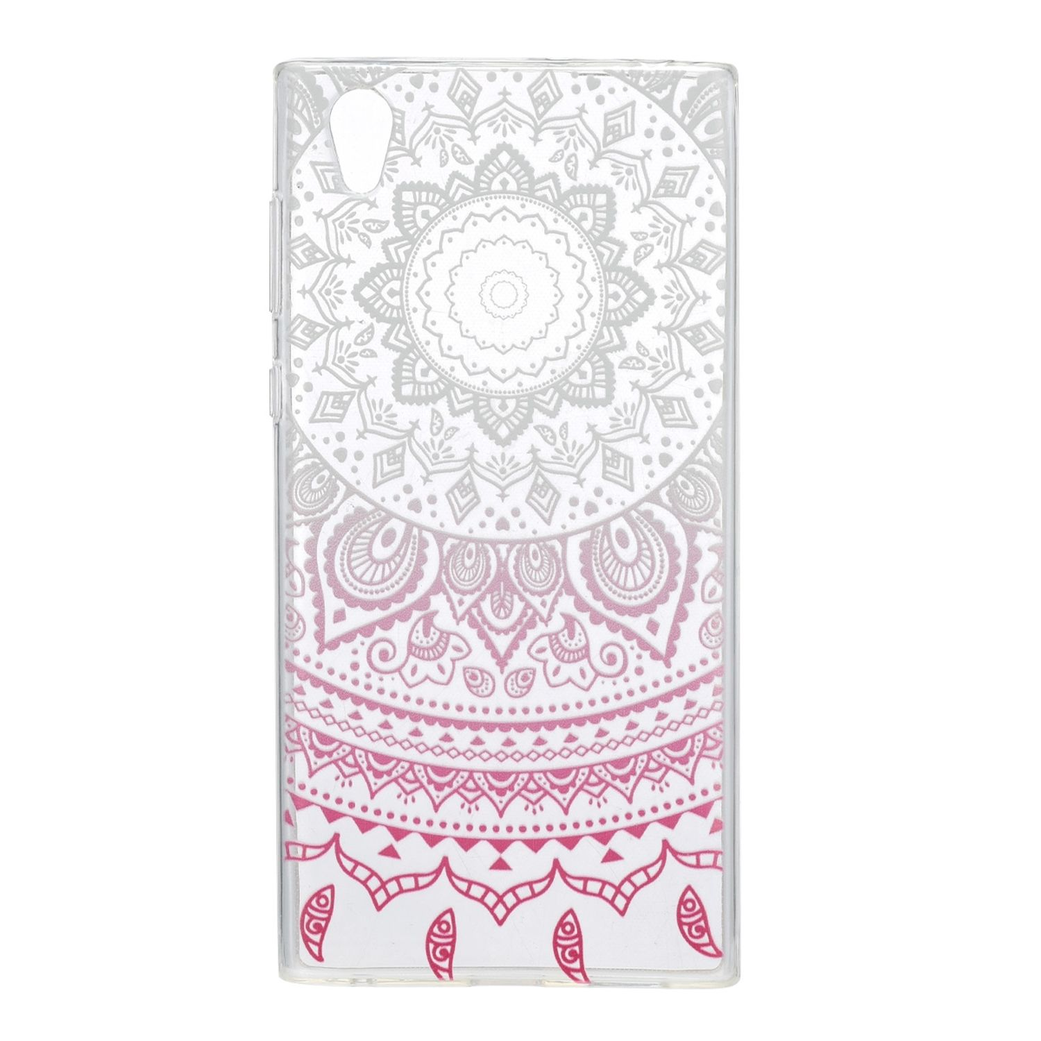 Handyhülle mit Mandala-Design. Das Design ist rosa und weiß. Die Hülle ist transparent.