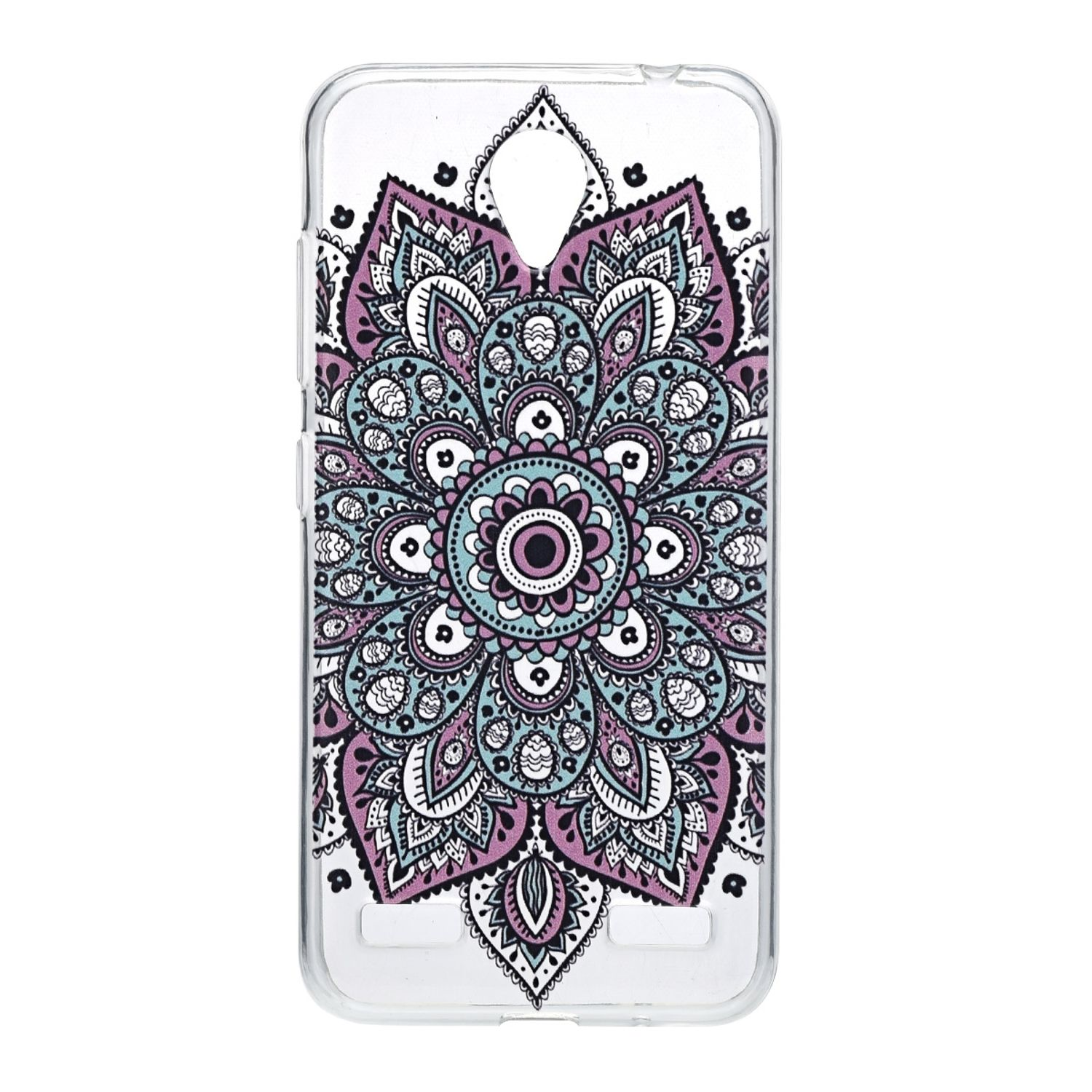Transparente Handyhülle mit Mandala-Design in Lila, Türkis und Weiß. Zentriert auf weißem Hintergrund.