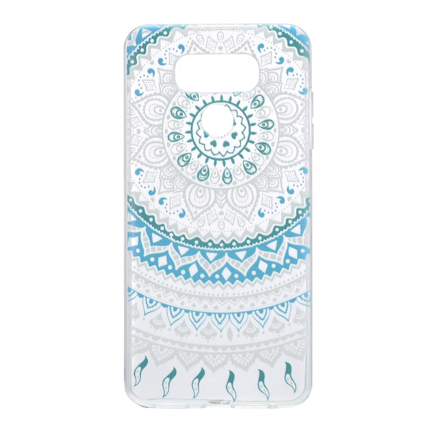 Eine Handyhülle mit weißem und blauem Mandala-Design, vor weißem Hintergrund.