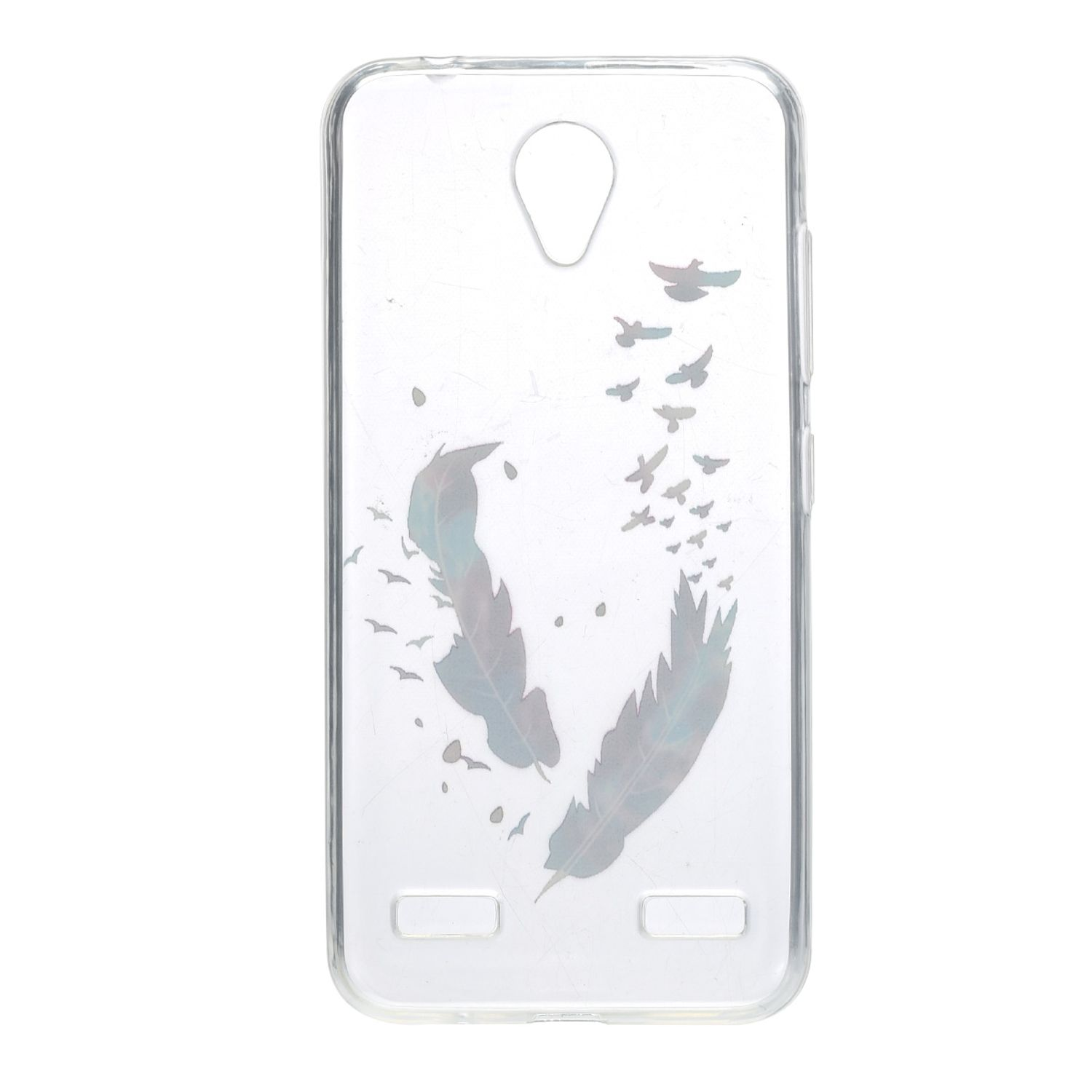 Eine transparente Handyhülle mit einem Design aus Federn und fliegenden Vögeln.