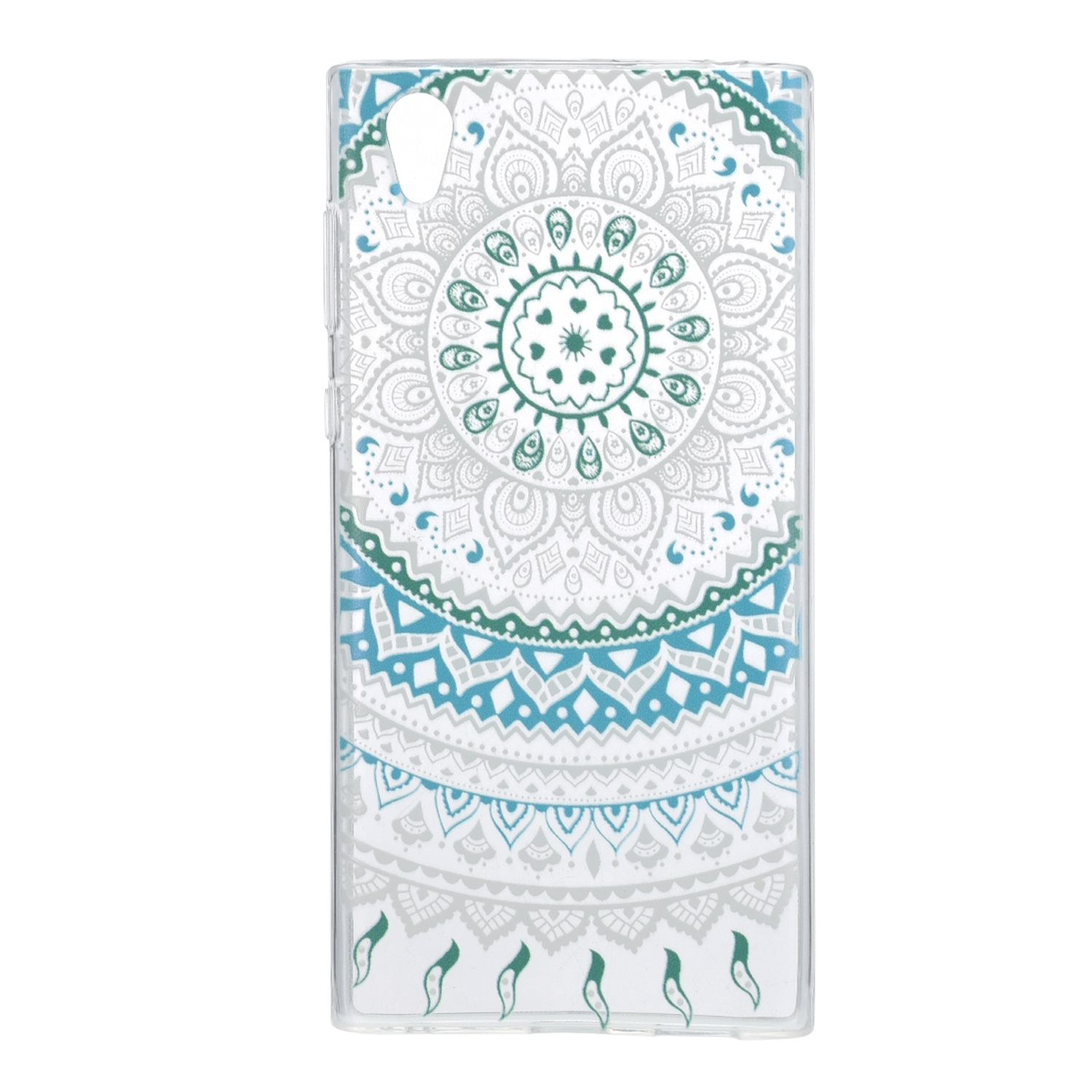 Transparente Handyhülle mit aufwendigem Mandala-Design in Weiß, Grau und Türkis, auf weißem Hintergrund.