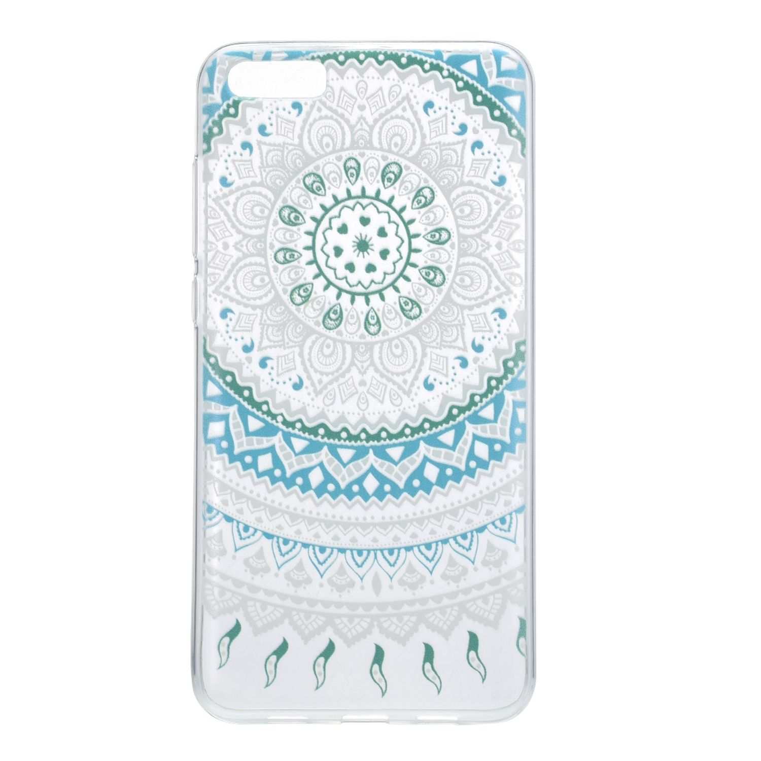 Eine Handyhülle mit blauem und weißem Blumendesign wird auf weißem Hintergrund gezeigt.