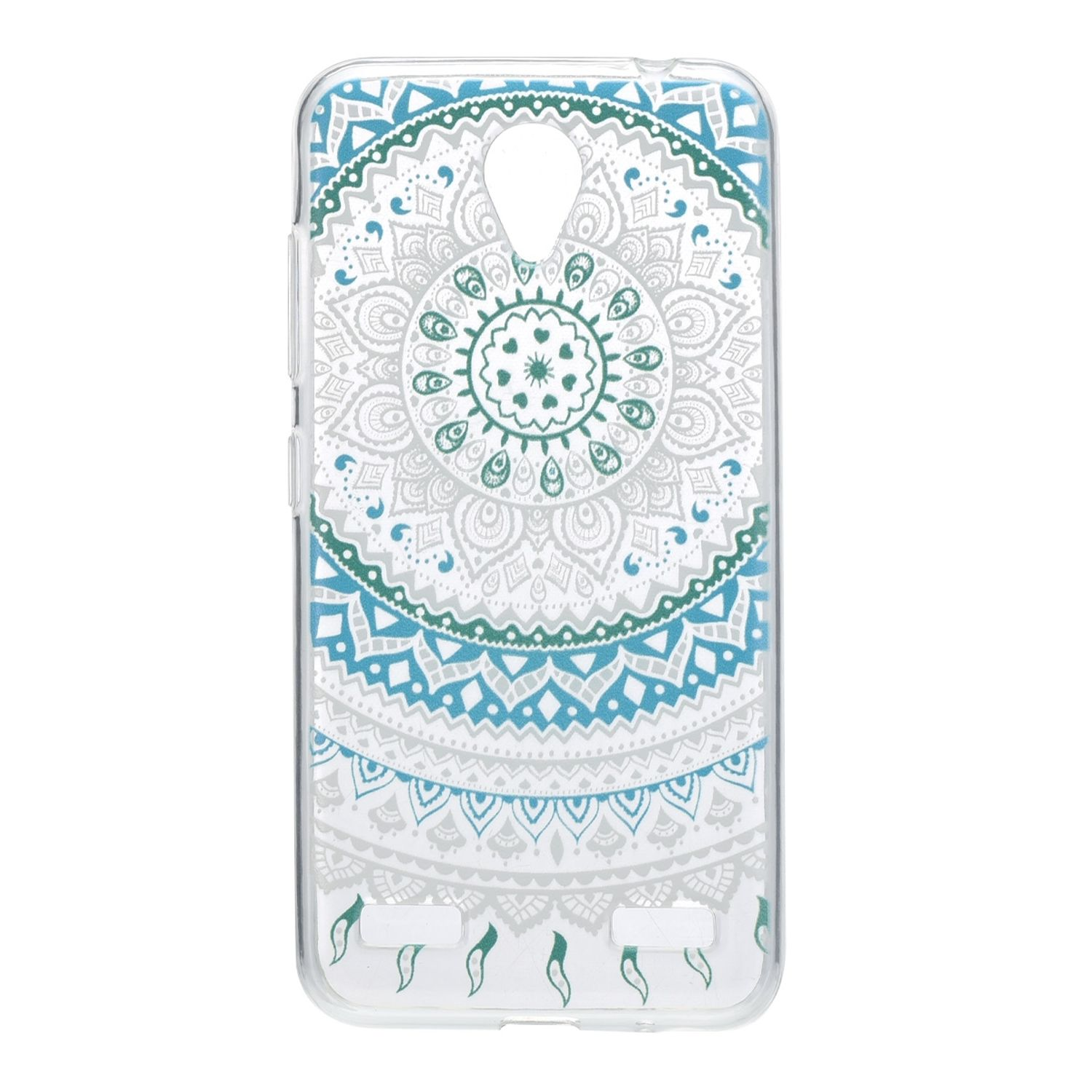 Transparente Handyhülle mit Mandala-Design in Blau, Weiß und Grün. Isoliert auf Weiß.