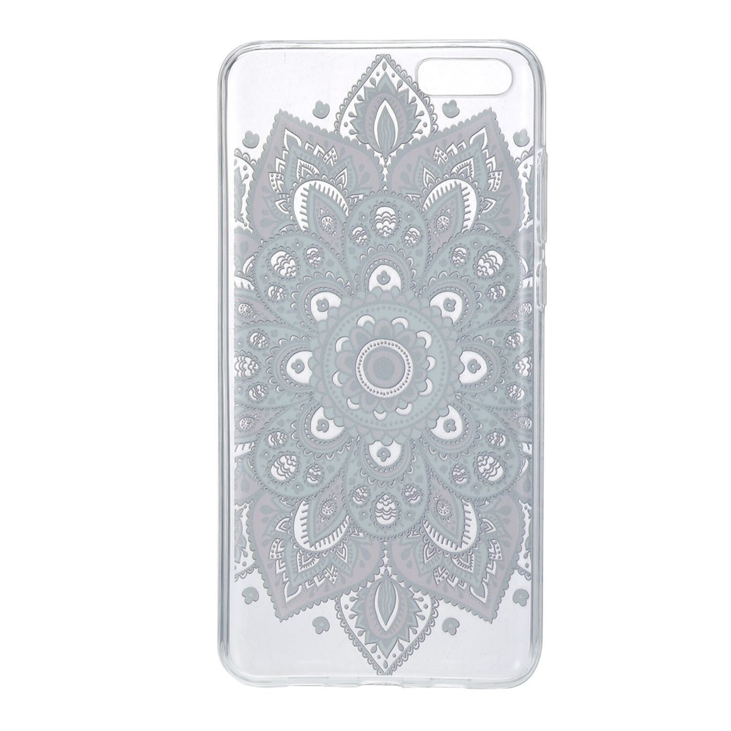 Transparente Handyhülle mit grauem Mandala-Muster.