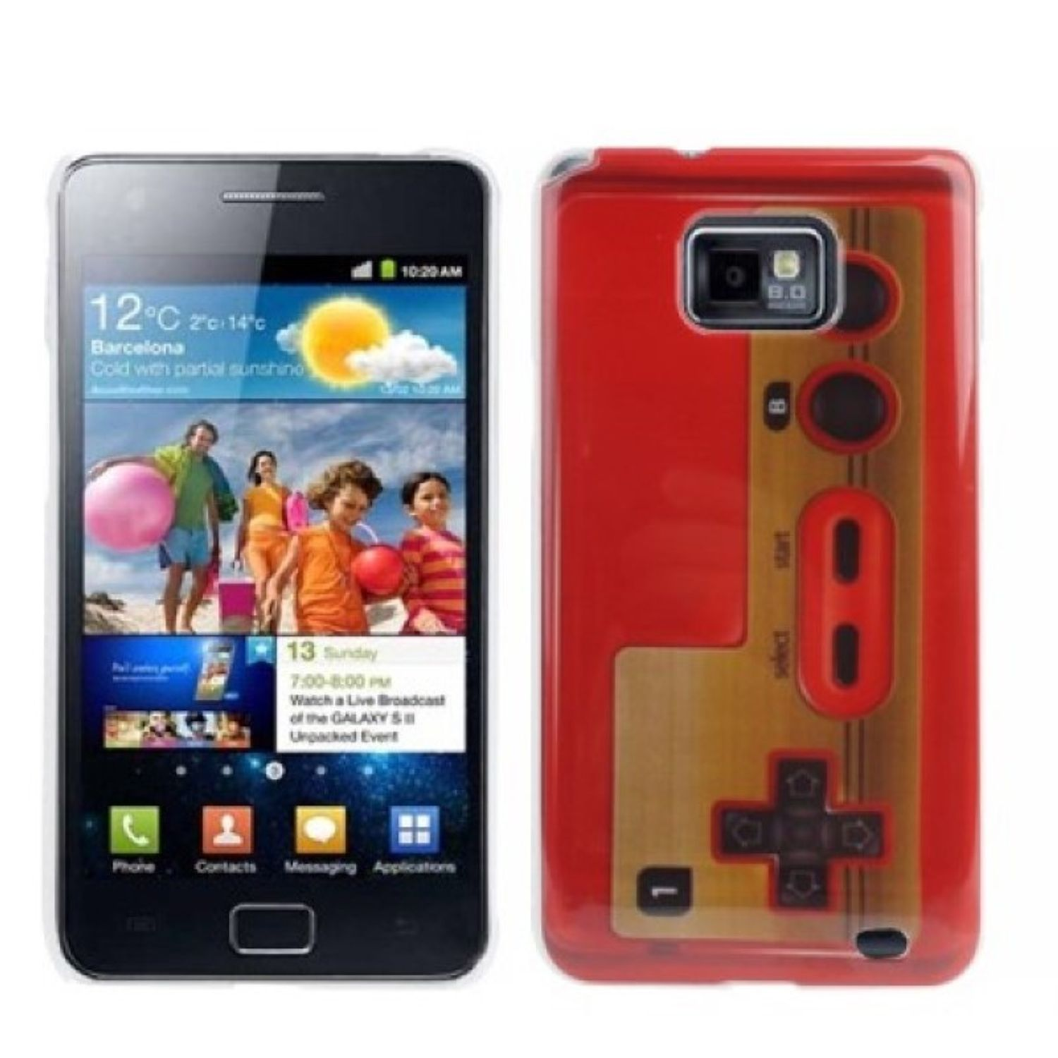 Smartphone mit Strandbild und roter Handyhülle im Controller-Design.