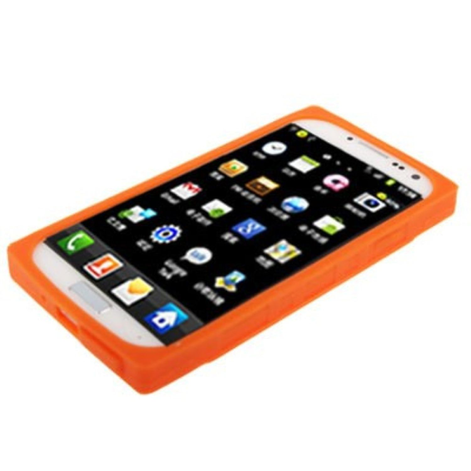 Orangene Handyhülle auf weißem Grund, zeigt ein Handy mit App-Symbolen auf dem Bildschirm.