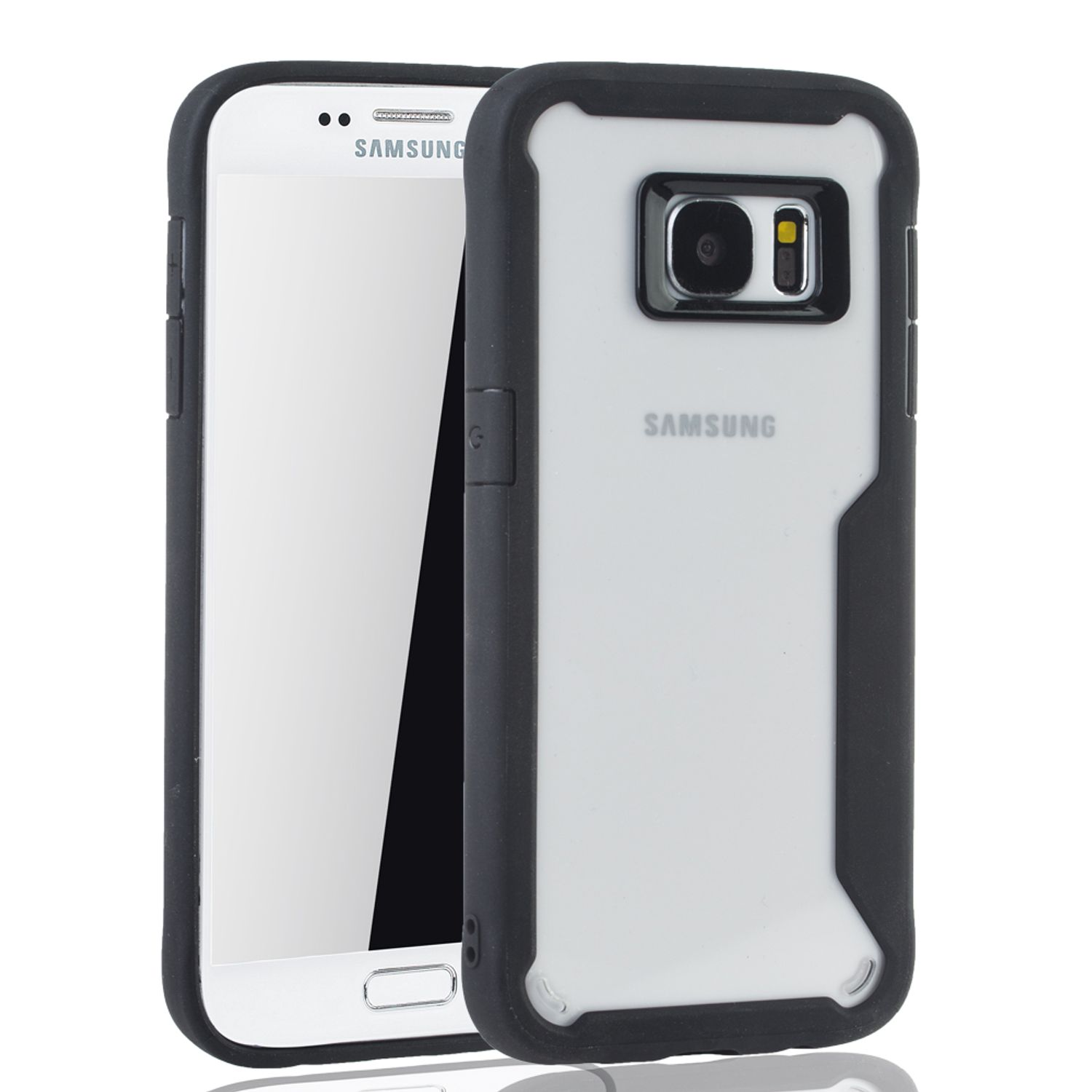 Samsung-Telefon in schwarzem und transparentem Gehäuse. Das Telefon ist weiß. Das Gehäuse hat einen schwarzen Rand.