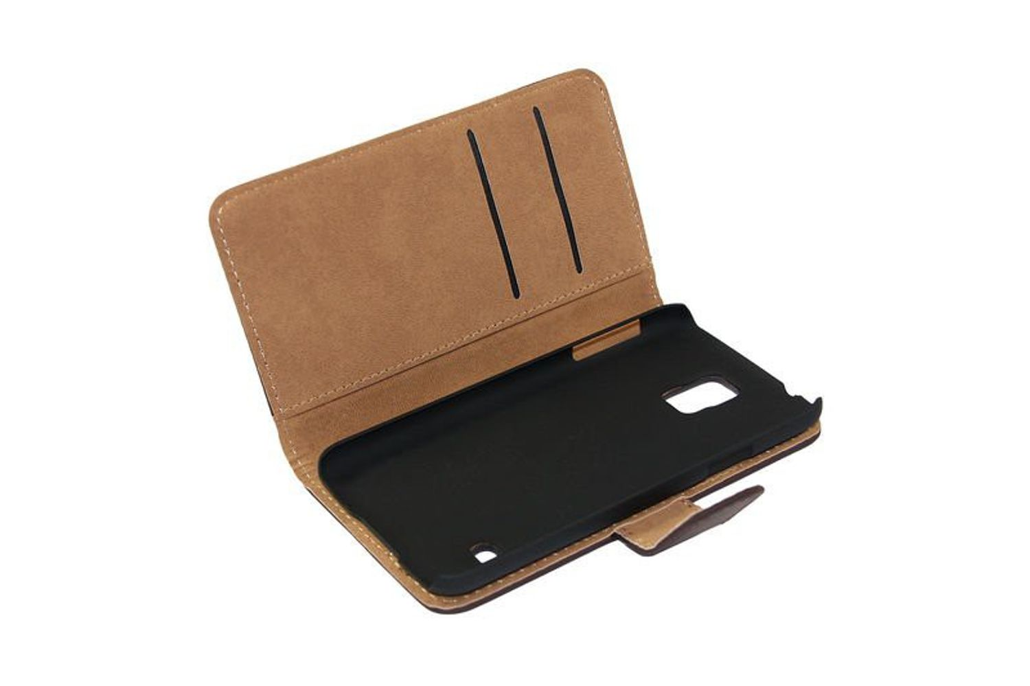 Geöffnete Handyhülle mit einem Telefon im Rücken. Sie ist braun mit Schwarz und hat Schlitze für Kreditkarten.