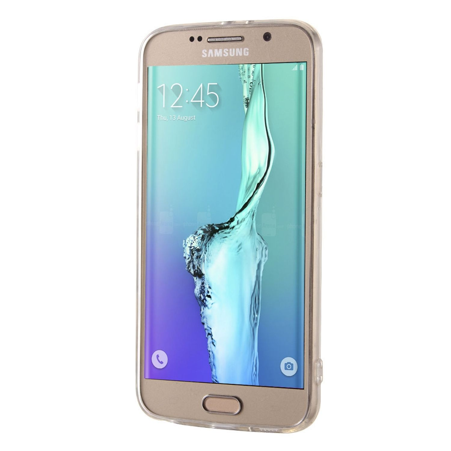 Ein Smartphone in einer transparenten Hülle. Das Telefon ist goldfarben, die Uhrzeit wird angezeigt.