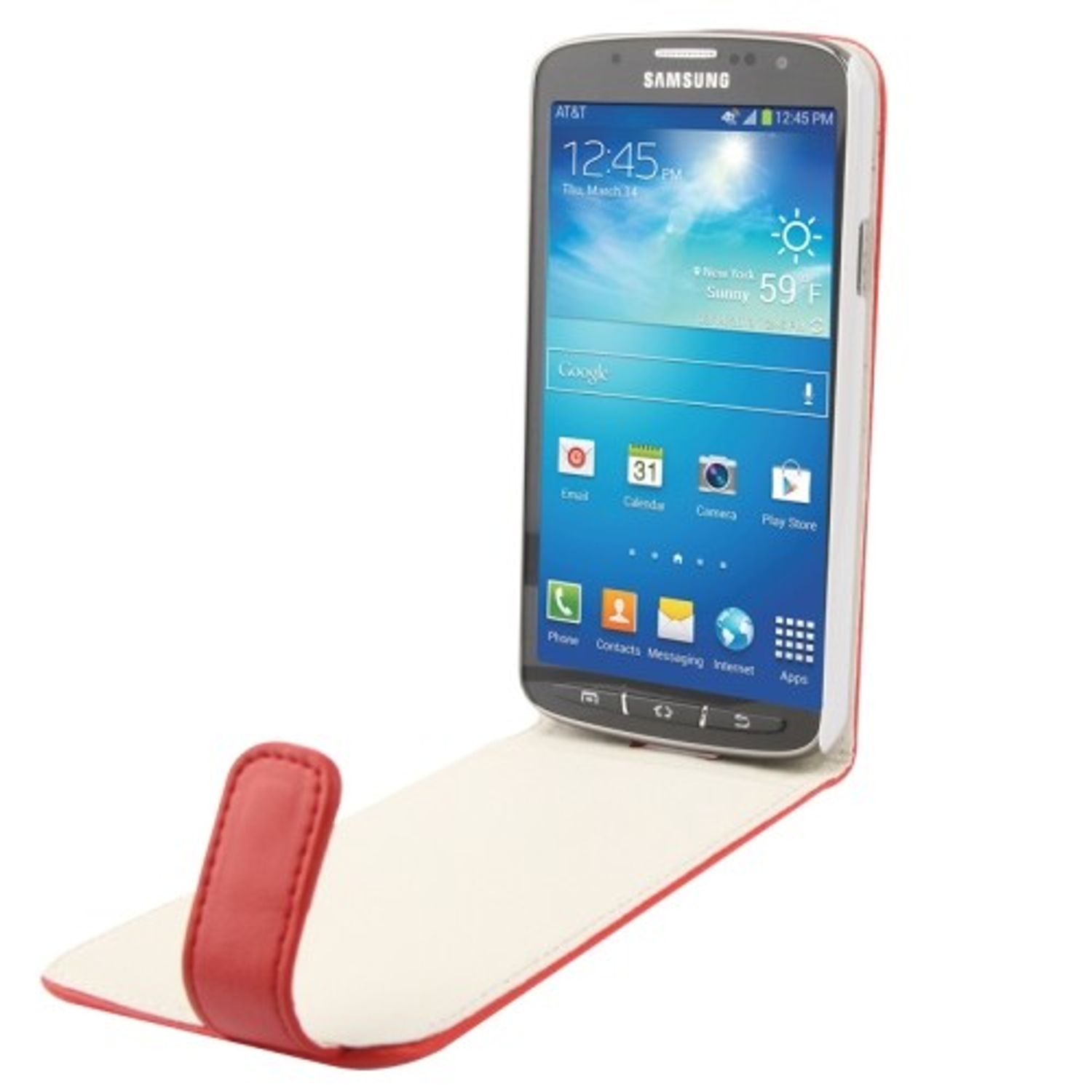 Samsung-Telefon in roter und weißer Klapphülle, Bildschirm zeigt Informationen.