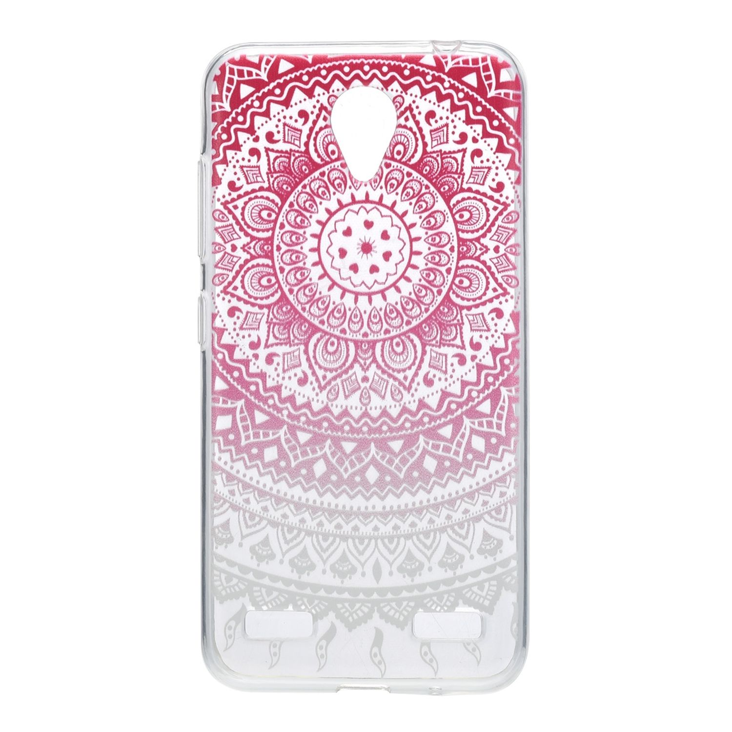 Eine transparente Handyhülle mit einem rosa-weißen Mandala-Design.