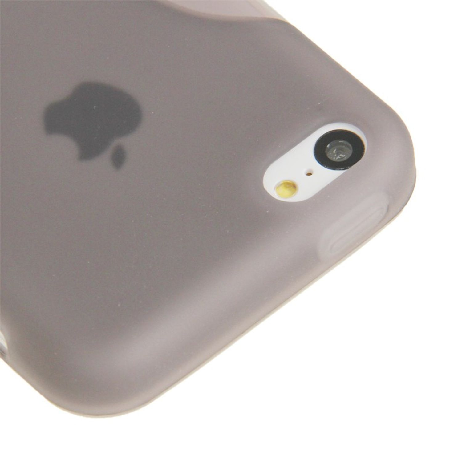 Nahaufnahme einer grauen iPhone-Hülle mit dem Apple-Logo. Weißer Hintergrund.