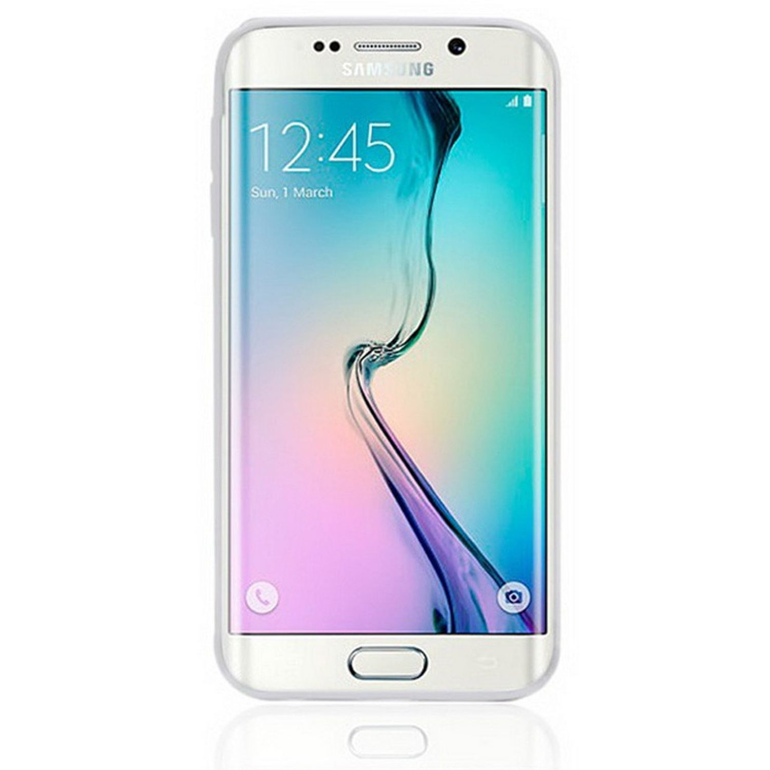 Ein weißes Samsung-Telefon mit einer transparenten Handyhülle. Die Uhrzeit auf dem Telefon ist 12:45 Uhr am 1. März.