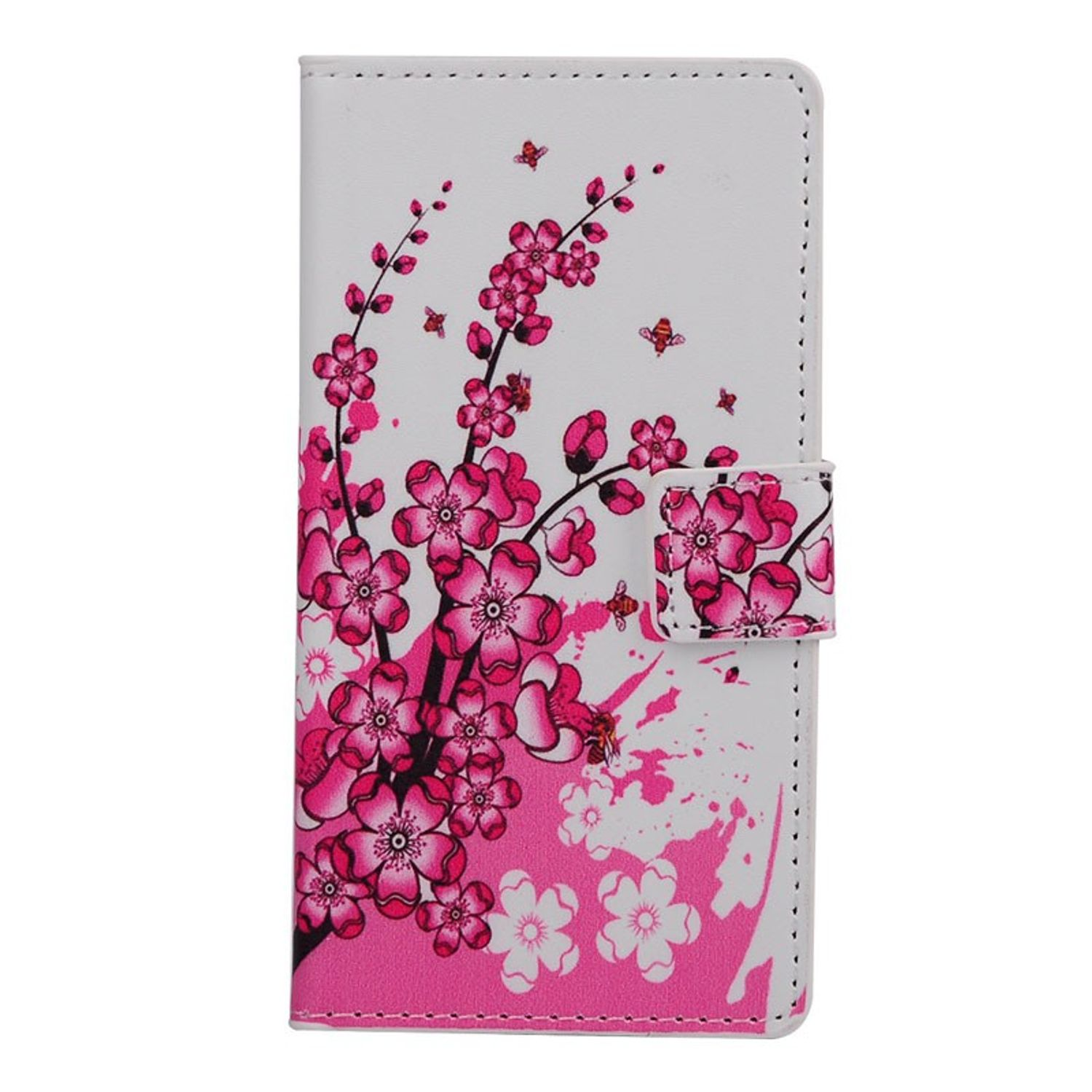 Weißes Handycase mit rosa Blumendesign und Magnetverschluss. Offen, mit Blick auf das Innere.