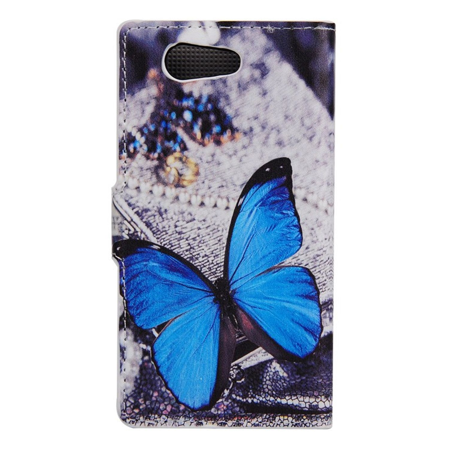 Eine Handyhülle mit einem blauen Schmetterling auf strukturiertem Hintergrund, innen ein weißer Rahmen.