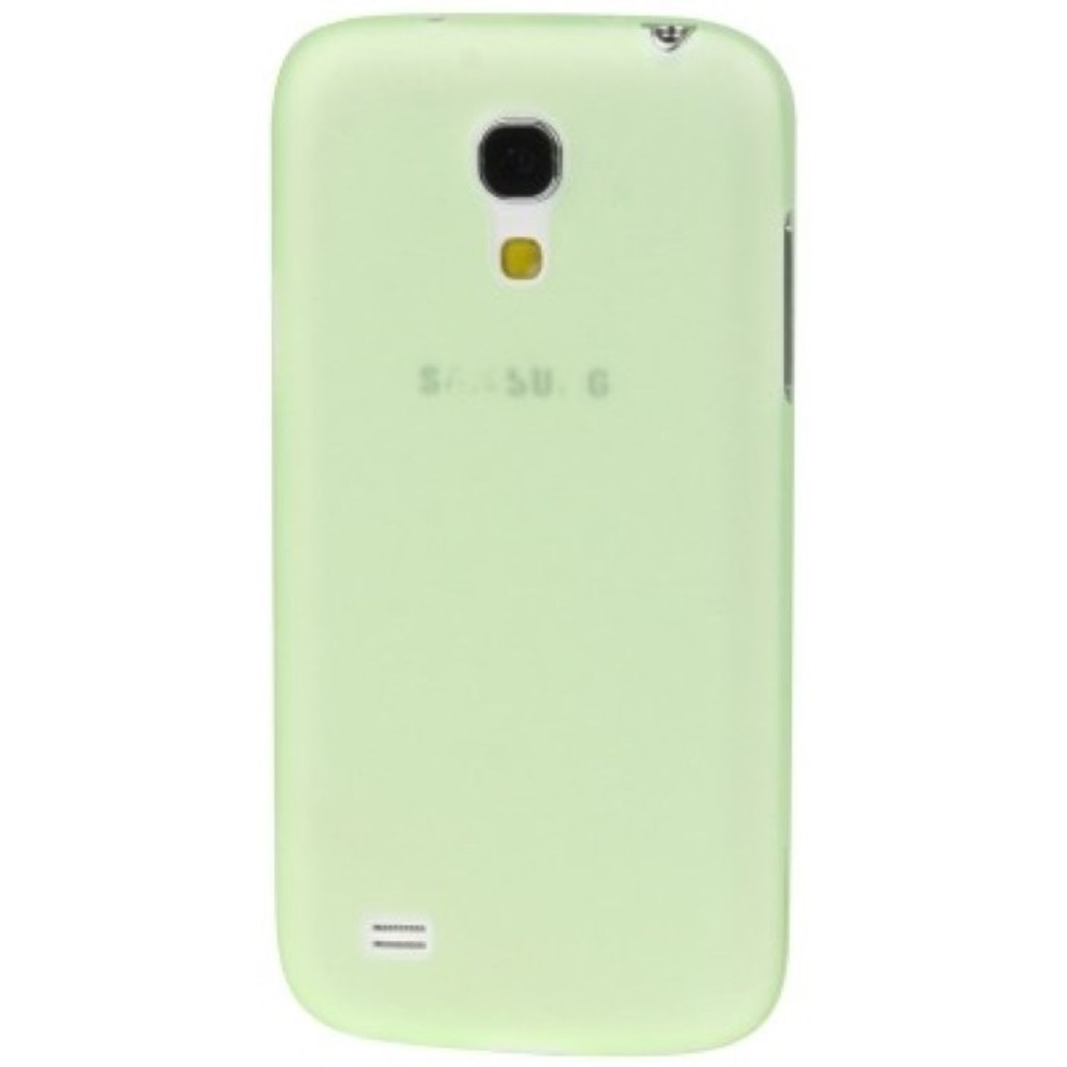 Grüne Handyhülle, Rückansicht mit Kamera und Samsung-Logo. Einfaches Design.